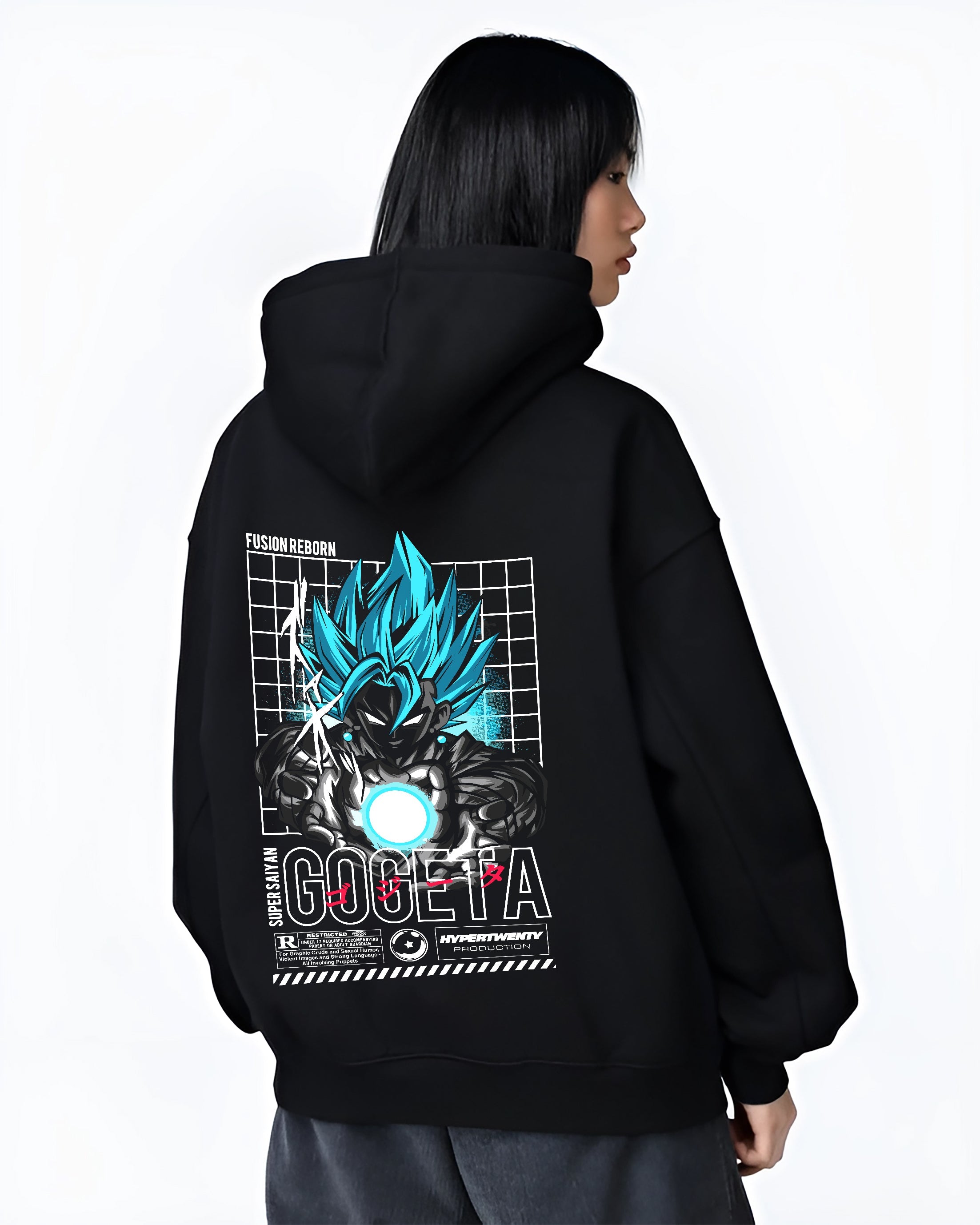 Black hoodie on female model, back view, featuring Gogeta Super Saiyan Blue retro manga back graphic and bold grid typography.