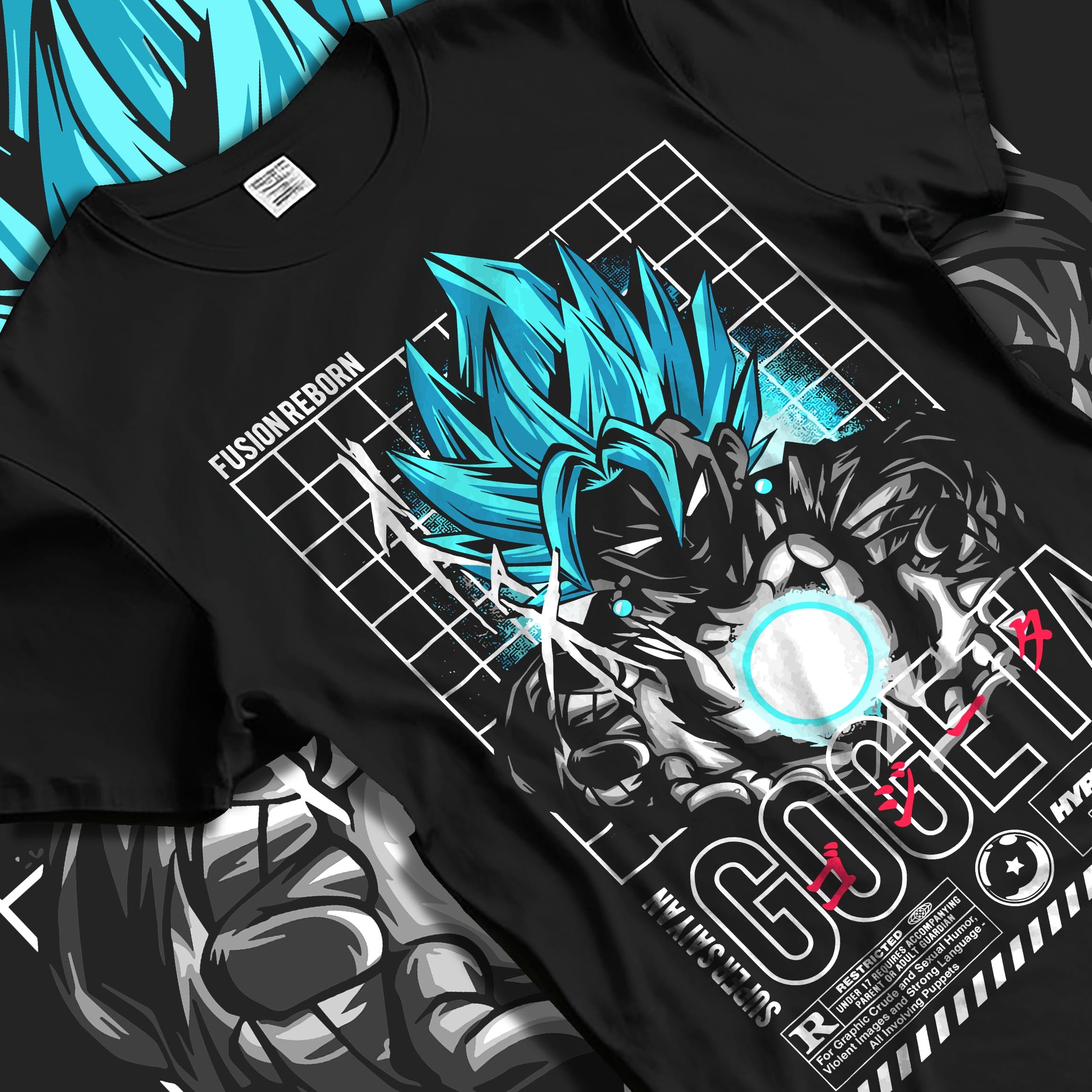 Black T-shirt laid flat with soft folds, featuring Gogeta Super Saiyan Blue energy blast retro streetwear back graphic.