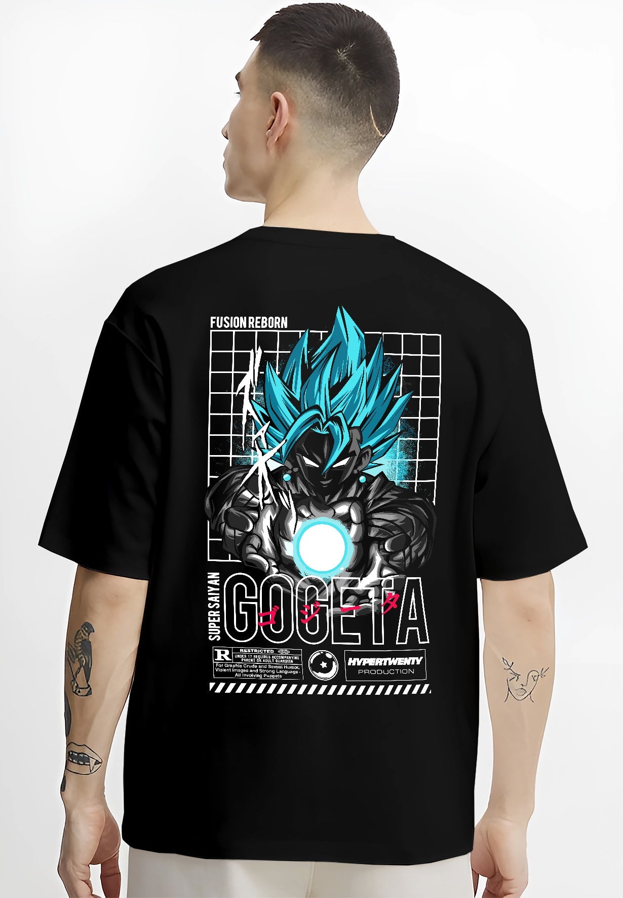 Black T-shirt on male model, back view, featuring Gogeta Super Saiyan Blue Japanese animation streetwear energy blast back graphic.