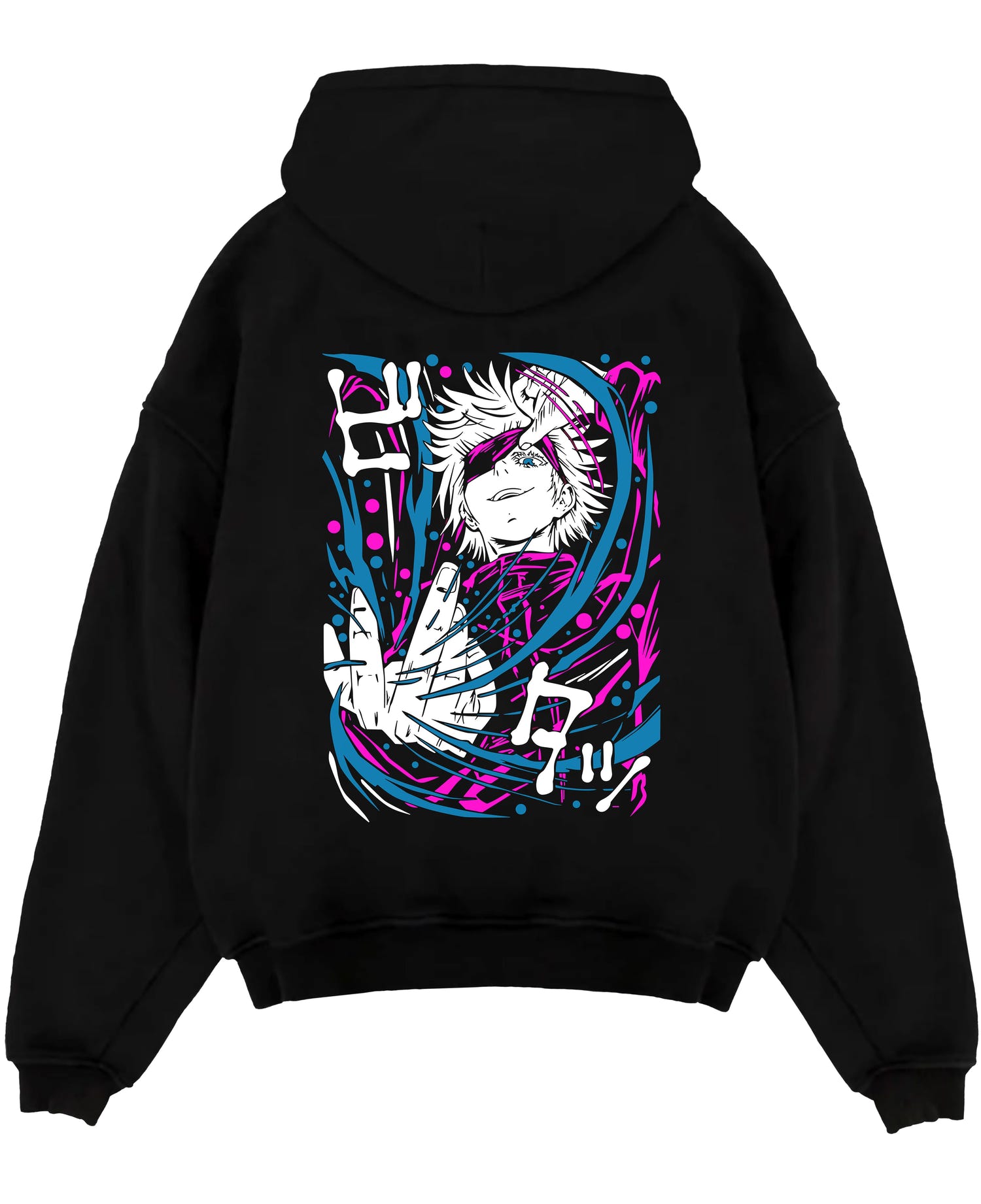 Black pullover hoodie laid flat on white, featuring Gojo Jujutsu Kaisen retro manga graphic with neon pink and cyan energy swirls.