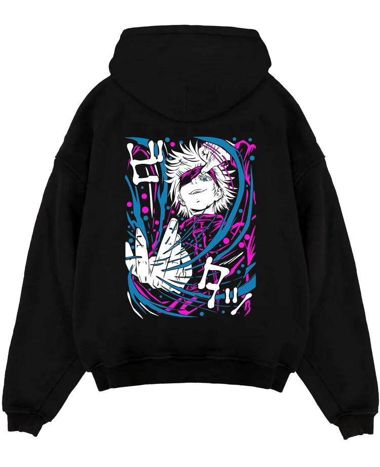 Black pullover hoodie laid flat on white, featuring Gojo Jujutsu Kaisen retro manga graphic with neon pink and cyan energy swirls.