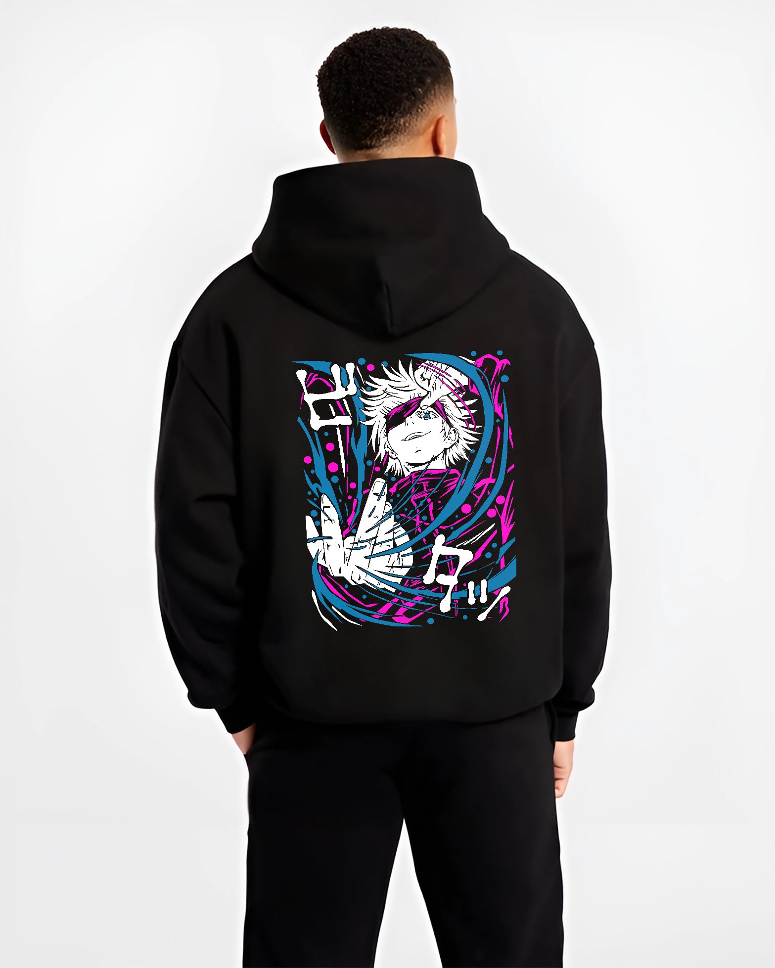 Black hoodie on male model, back view, Gojo blindfolded anime poster design with neon pink and cyan motion strokes.