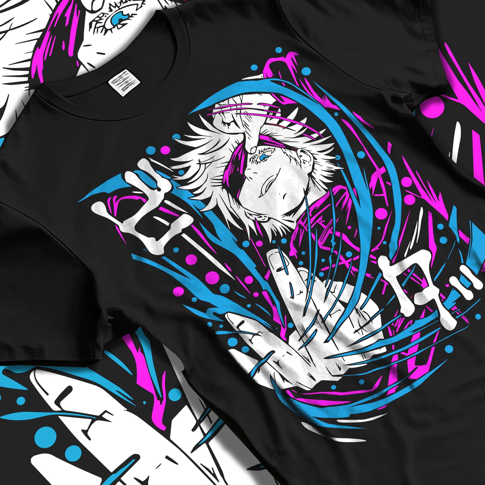 Black T-shirt laid flat with soft folds, featuring Gojo retro manga graphic with neon pink and cyan energy lines.