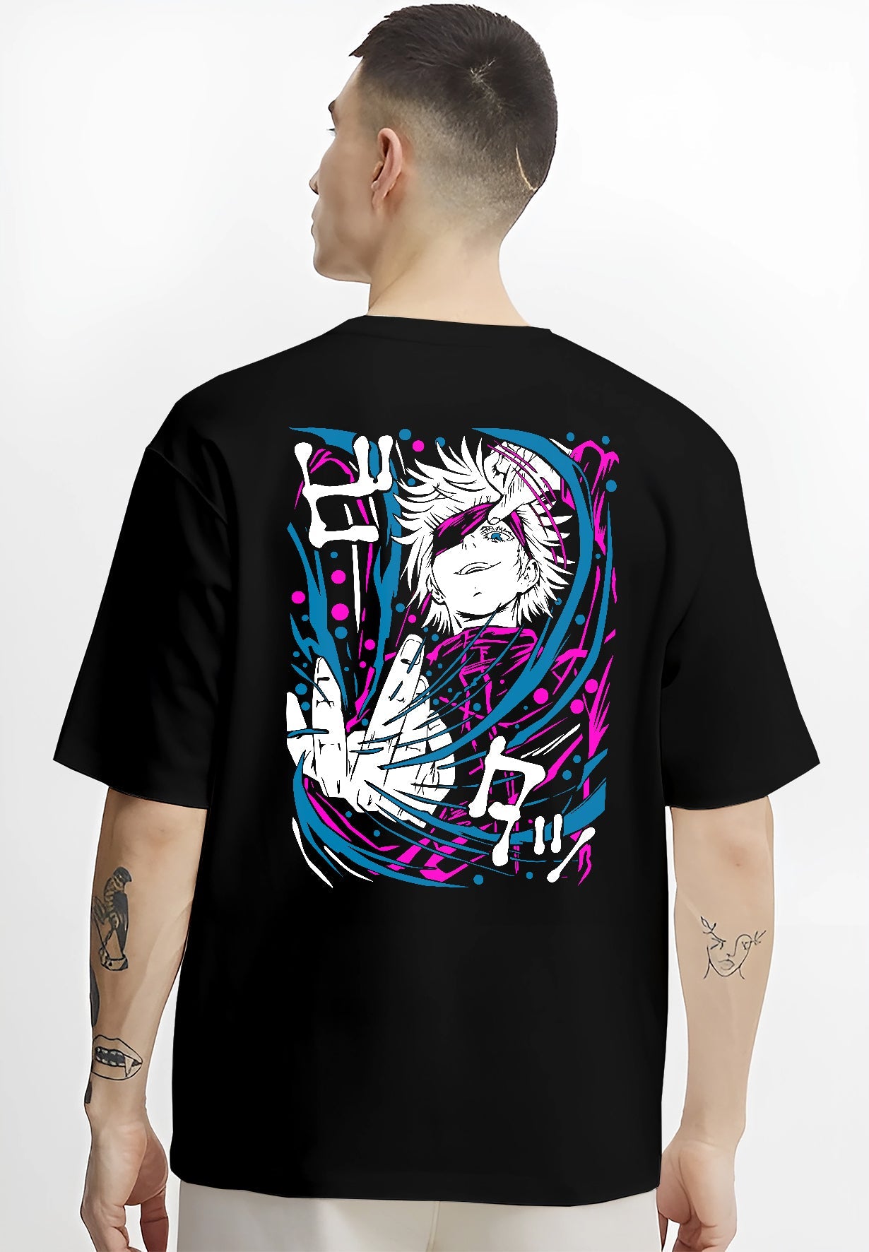 Black T-shirt on male model, back view, Gojo Jujutsu Kaisen neon manga artwork with sweeping pink and cyan effects.