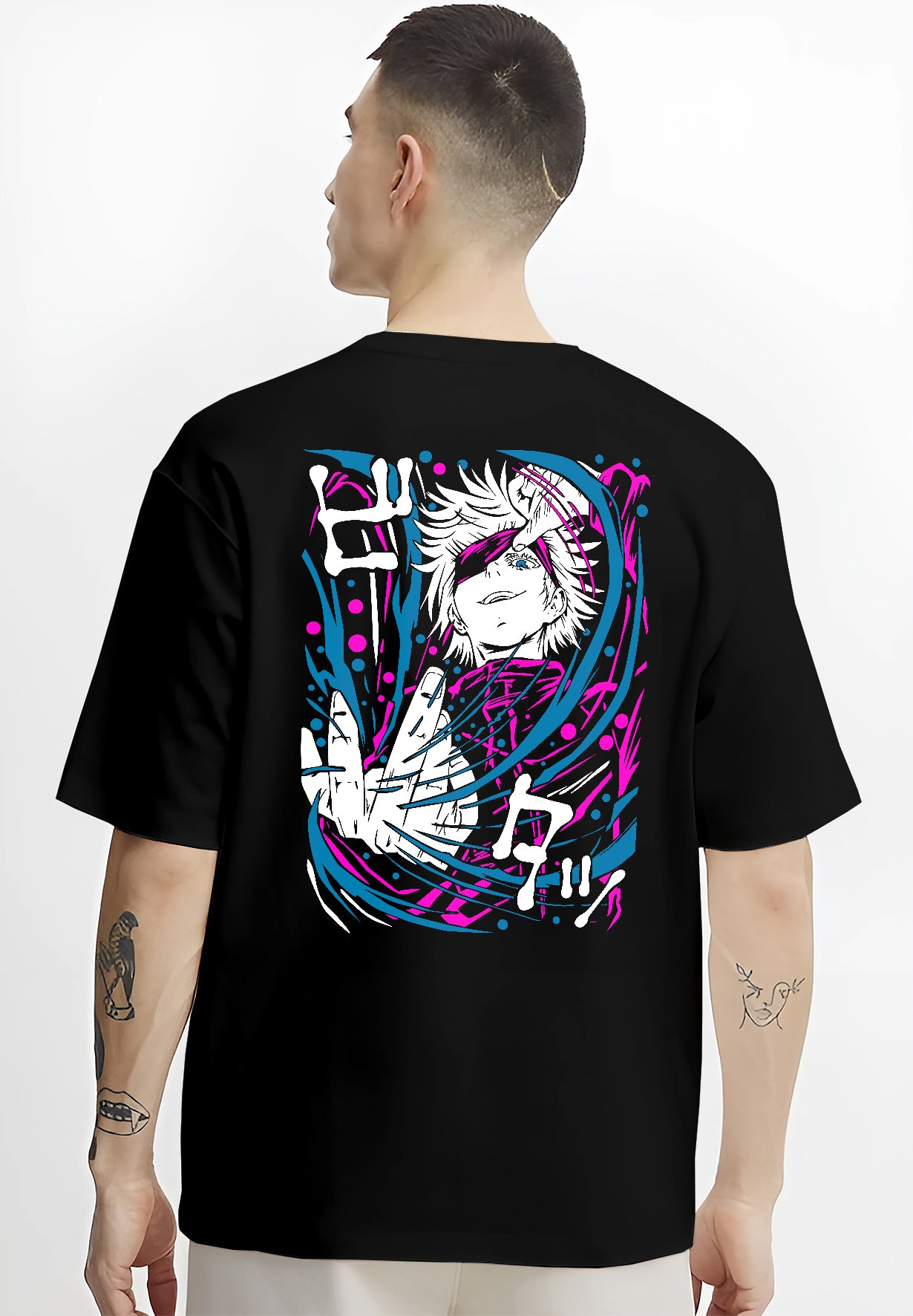 Black T-shirt on male model, back view, Gojo Jujutsu Kaisen neon manga artwork with sweeping pink and cyan effects.