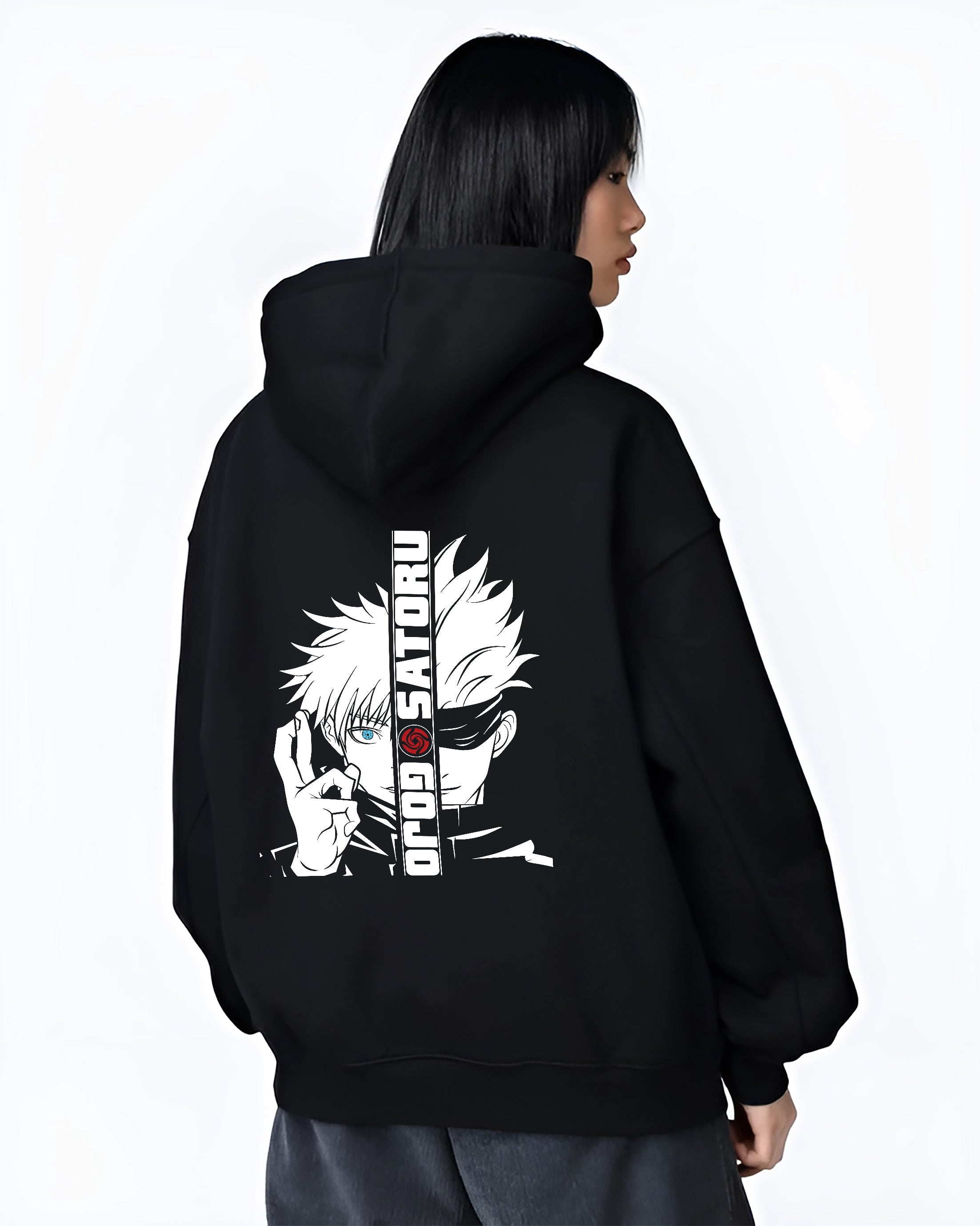 Black hoodie on female model, back view, featuring Gojo Satoru split design with vertical text, anime poster inspired, bold teal-magenta lines.