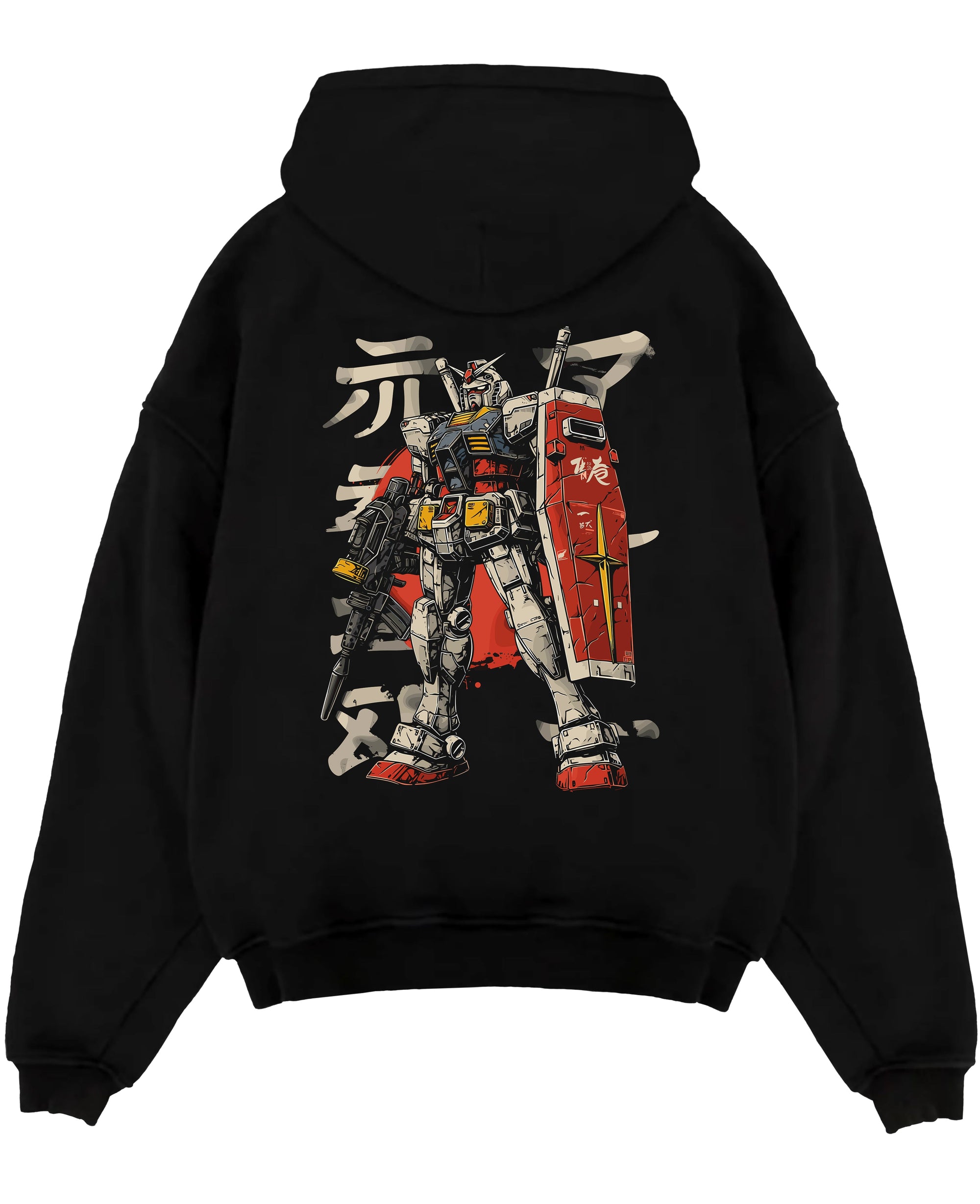 Black pullover hoodie laid flat on a white background, featuring Gundam anime poster inspired retro mecha artwork with bold red shield and Japanese text backdrop.