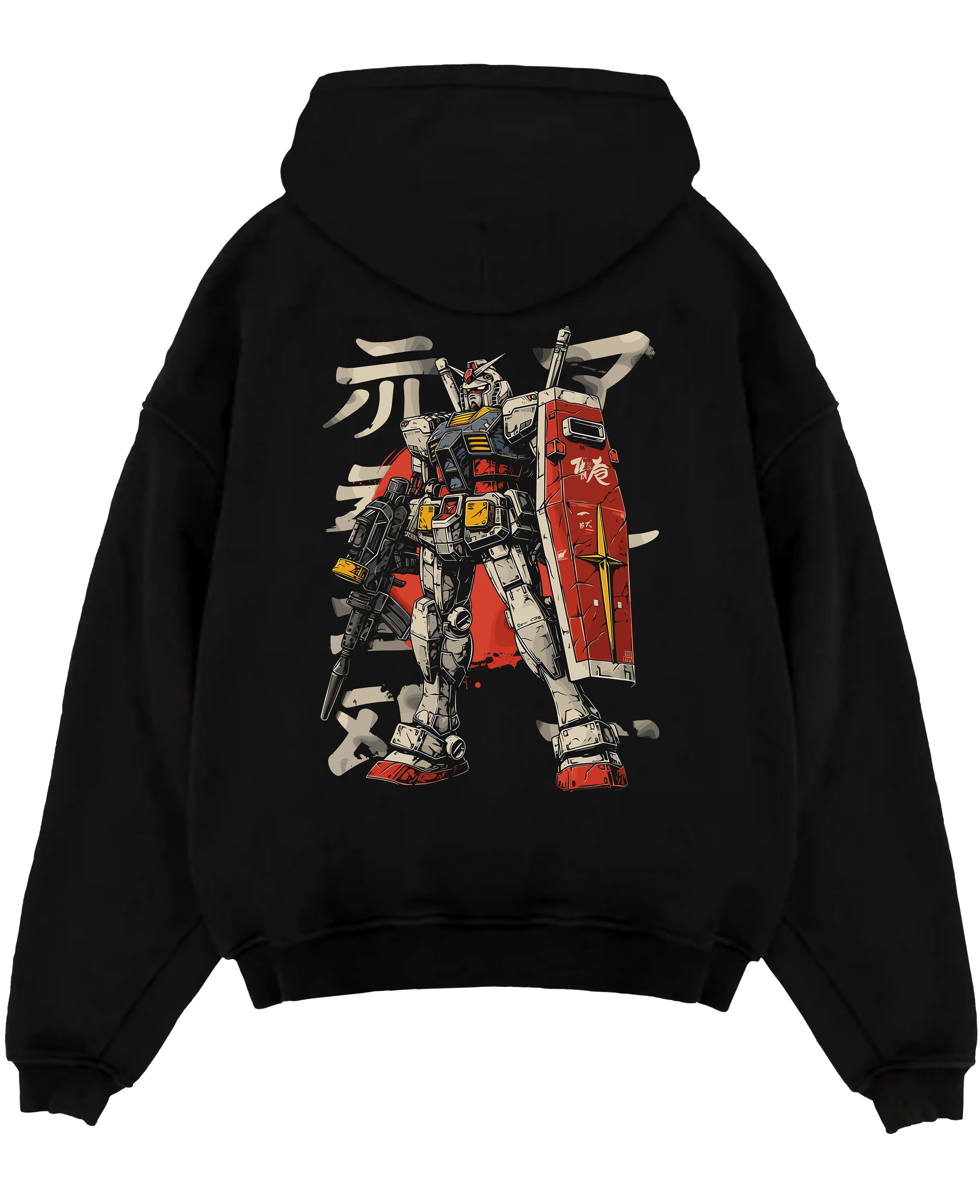 Black pullover hoodie laid flat on a white background, featuring Gundam anime poster inspired retro mecha artwork with bold red shield and Japanese text backdrop.