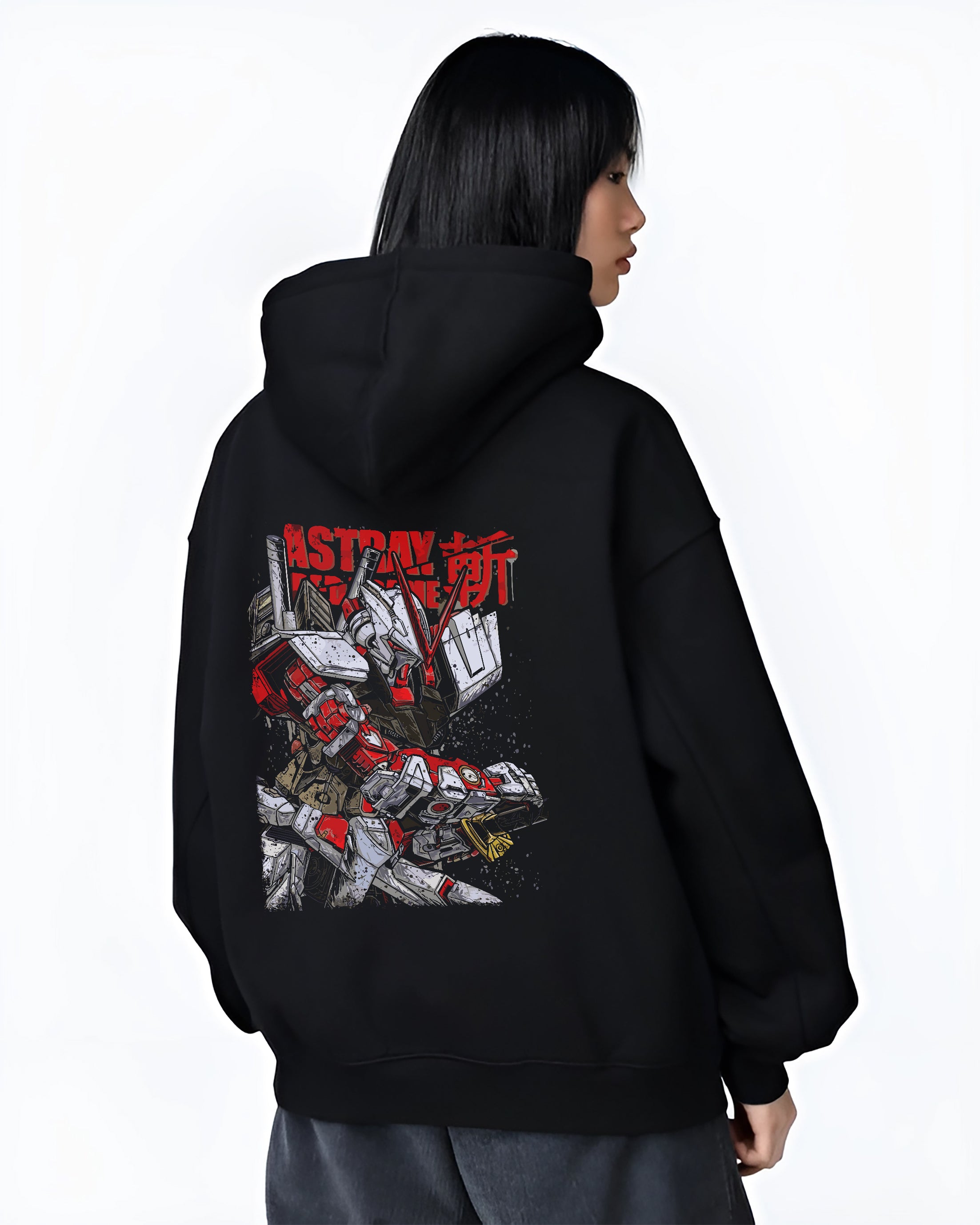 Black hoodie worn by a female model, back view, featuring Gundam Astray Red Frame anime poster inspired retro manga mecha artwork with red and white highl