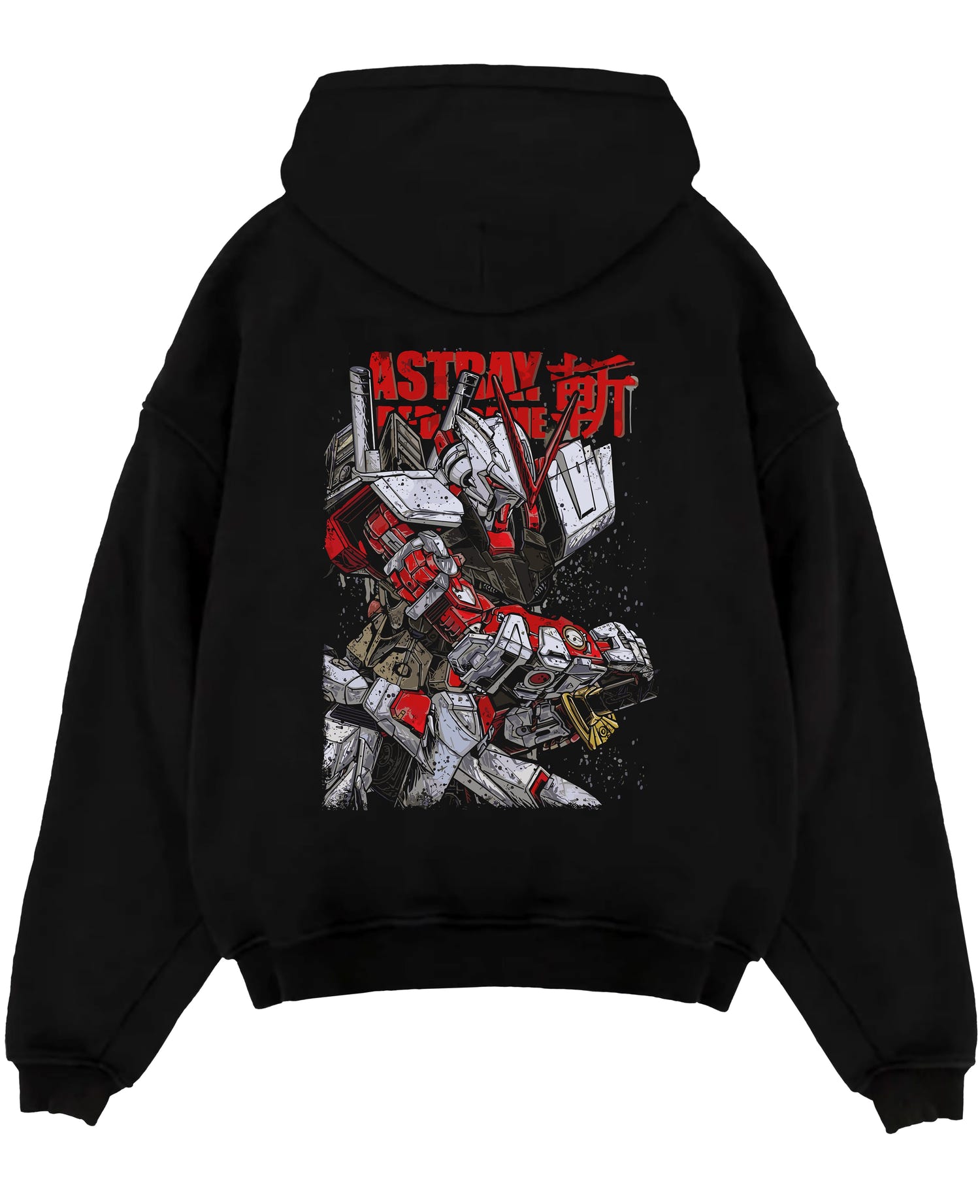 Black pullover hoodie laid flat on a white background, featuring Gundam Astray Red Frame retro mecha anime poster inspired back design in bold red tones