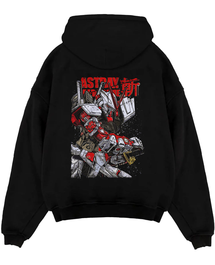 Black pullover hoodie laid flat on a white background, featuring Gundam Astray Red Frame retro mecha anime poster inspired back design in bold red tones