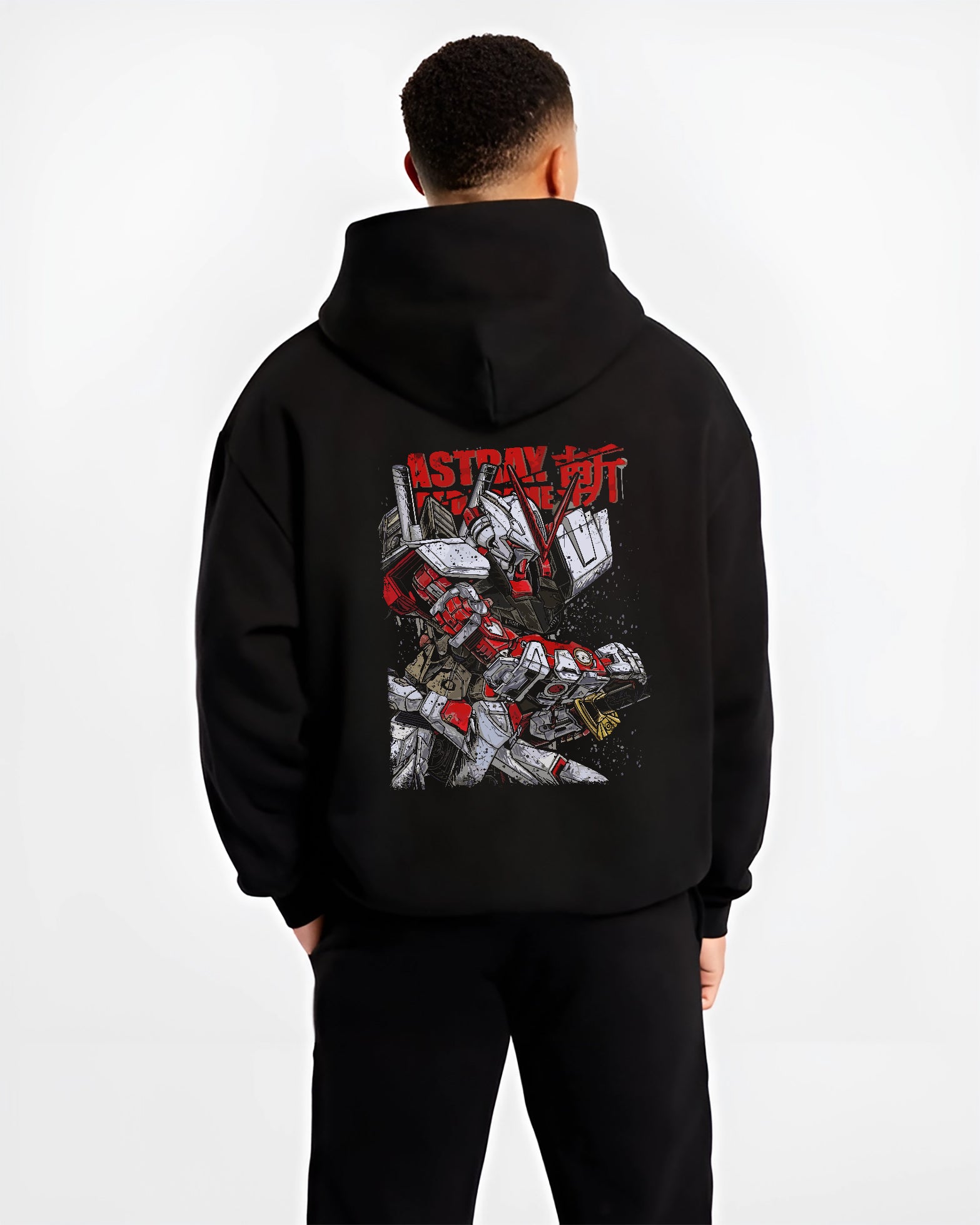 Black hoodie worn by a male model, back view, featuring Gundam Astray Red Frame Japanese animation streetwear retro mecha inspired graphic design
