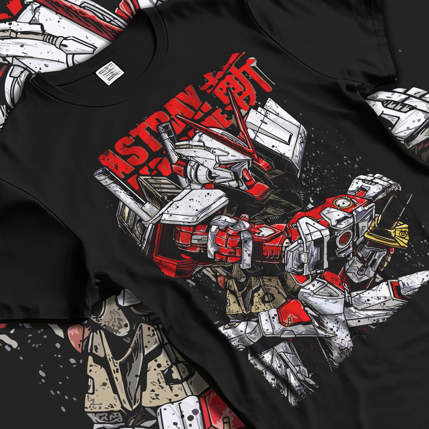 Black T-shirt laid flat with natural fabric folds, featuring Gundam Astray Red Frame retro mecha manga graphic with bold red anime poster inspired back design