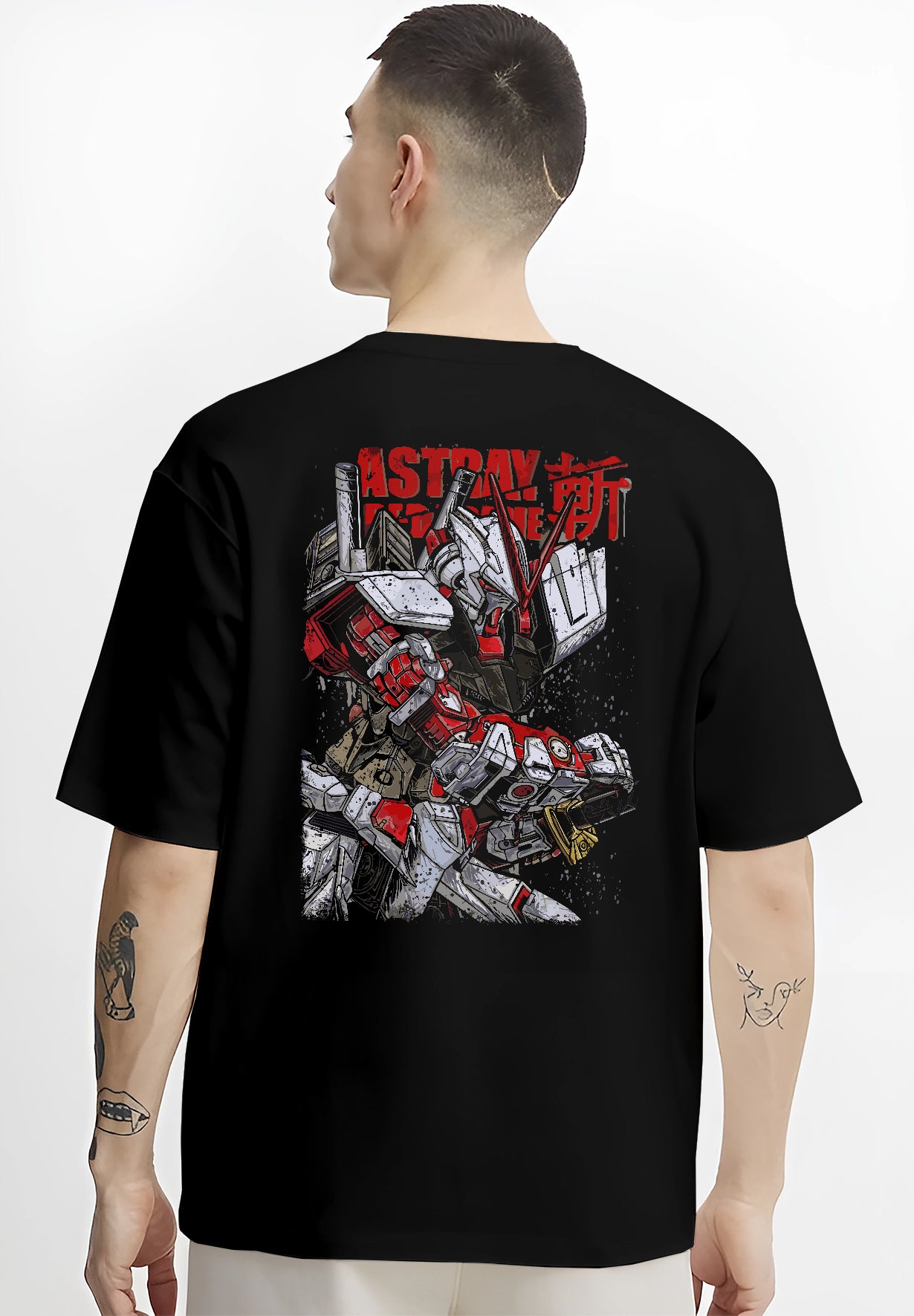 Black T-shirt worn by a male model, back view, featuring Gundam Astray Red Frame anime retro mecha inspired design with detailed robotic manga style artwork