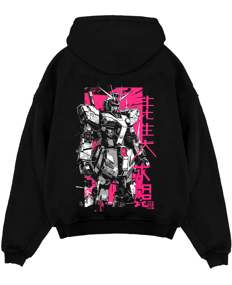 Black pullover hoodie laid flat on white, featuring Gundam retro mecha graphic with hot pink manga panel and Japanese text.