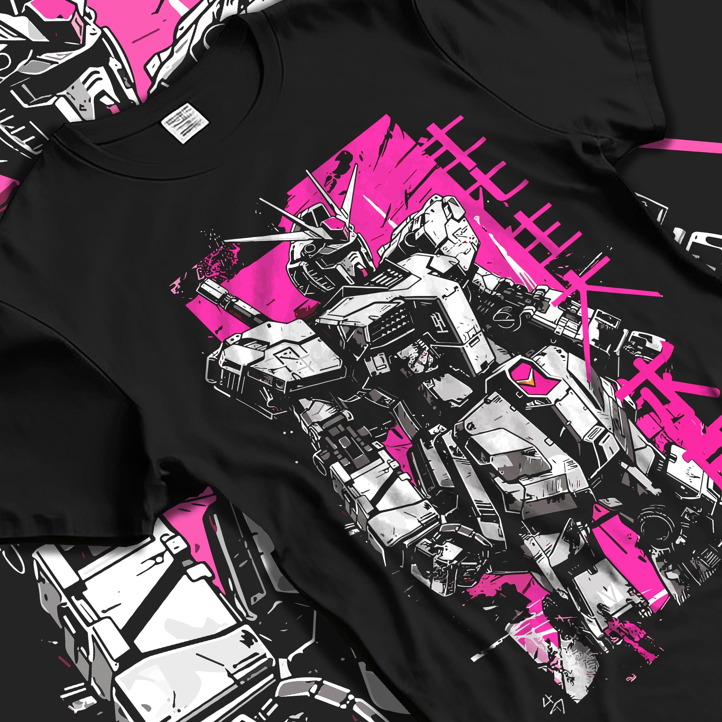 Black T-shirt laid flat with soft folds, featuring Gundam retro manga graphic over vivid pink panel with Japanese text.