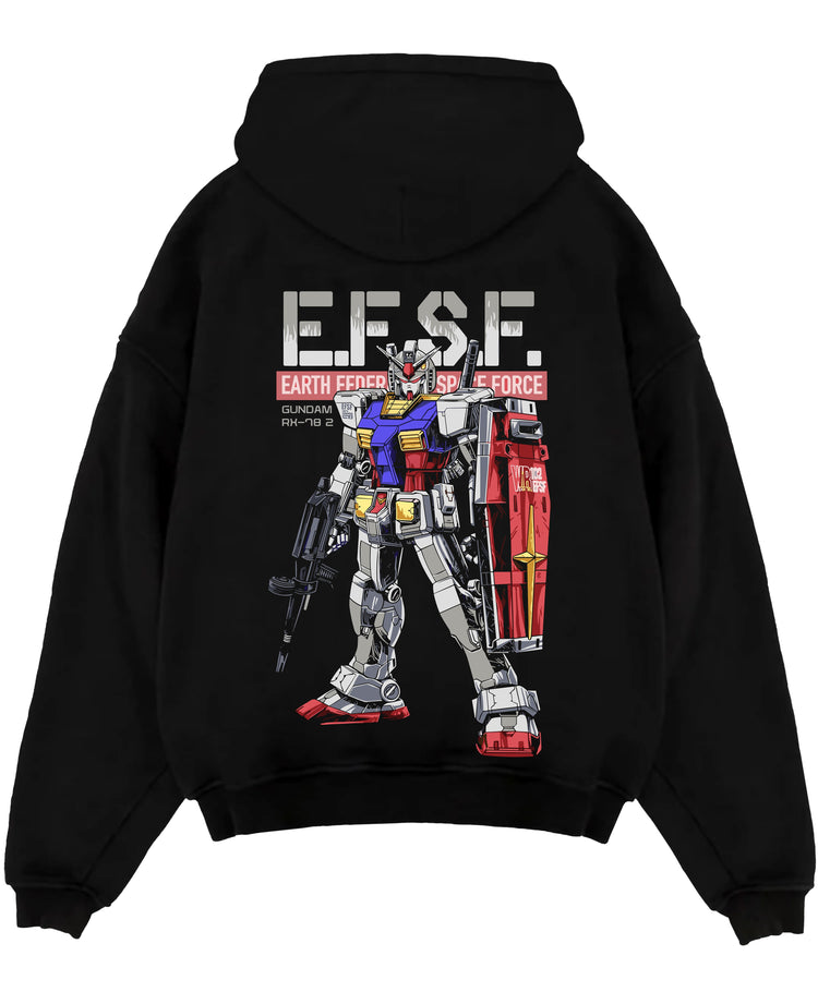 Black pullover hoodie laid flat on white, featuring Gundam RX-78-2 retro mecha graphic with EFSF shield and rifle.