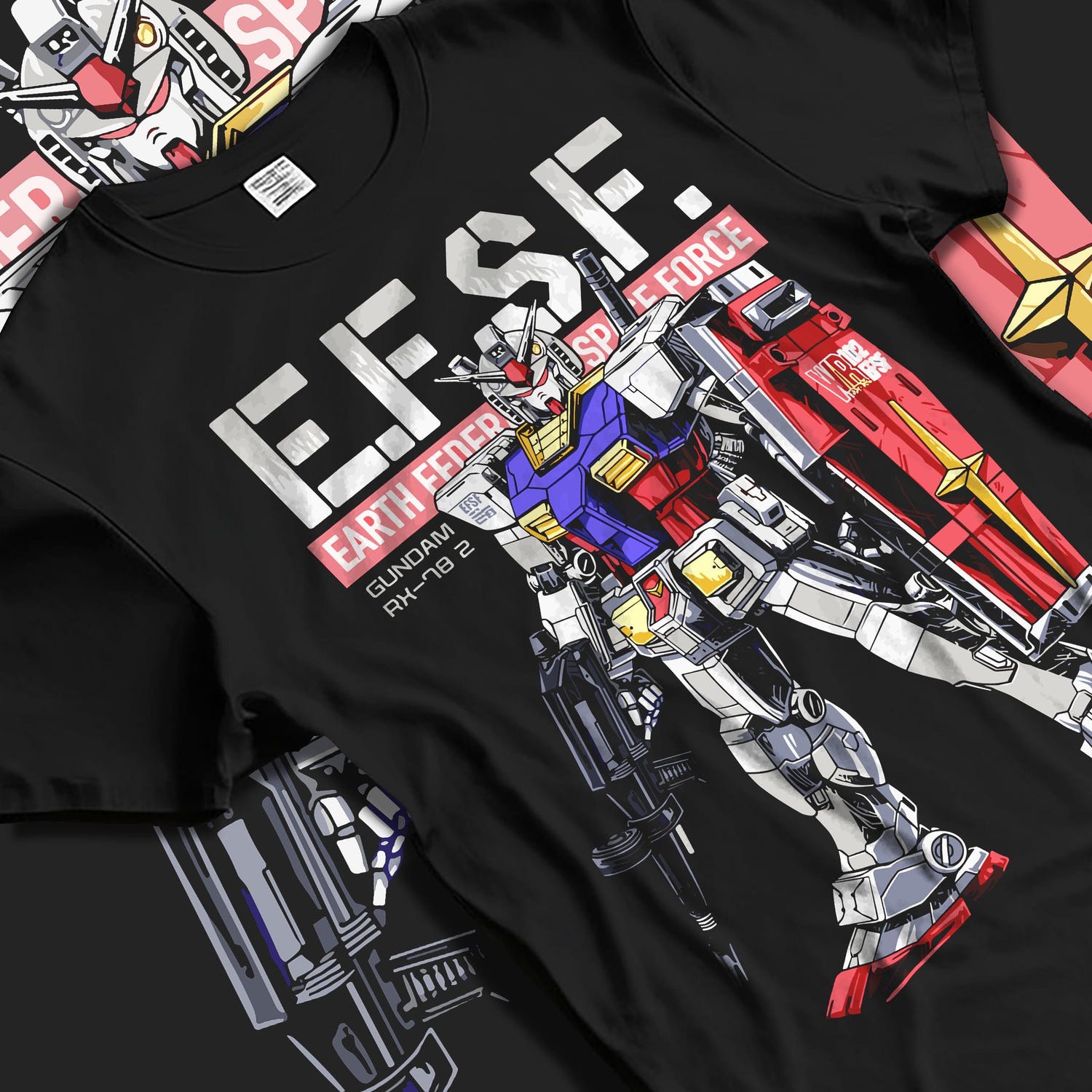 Black T-shirt laid flat with soft folds, featuring Gundam RX-78-2 anime poster inspired design with EFSF shield and rifle.