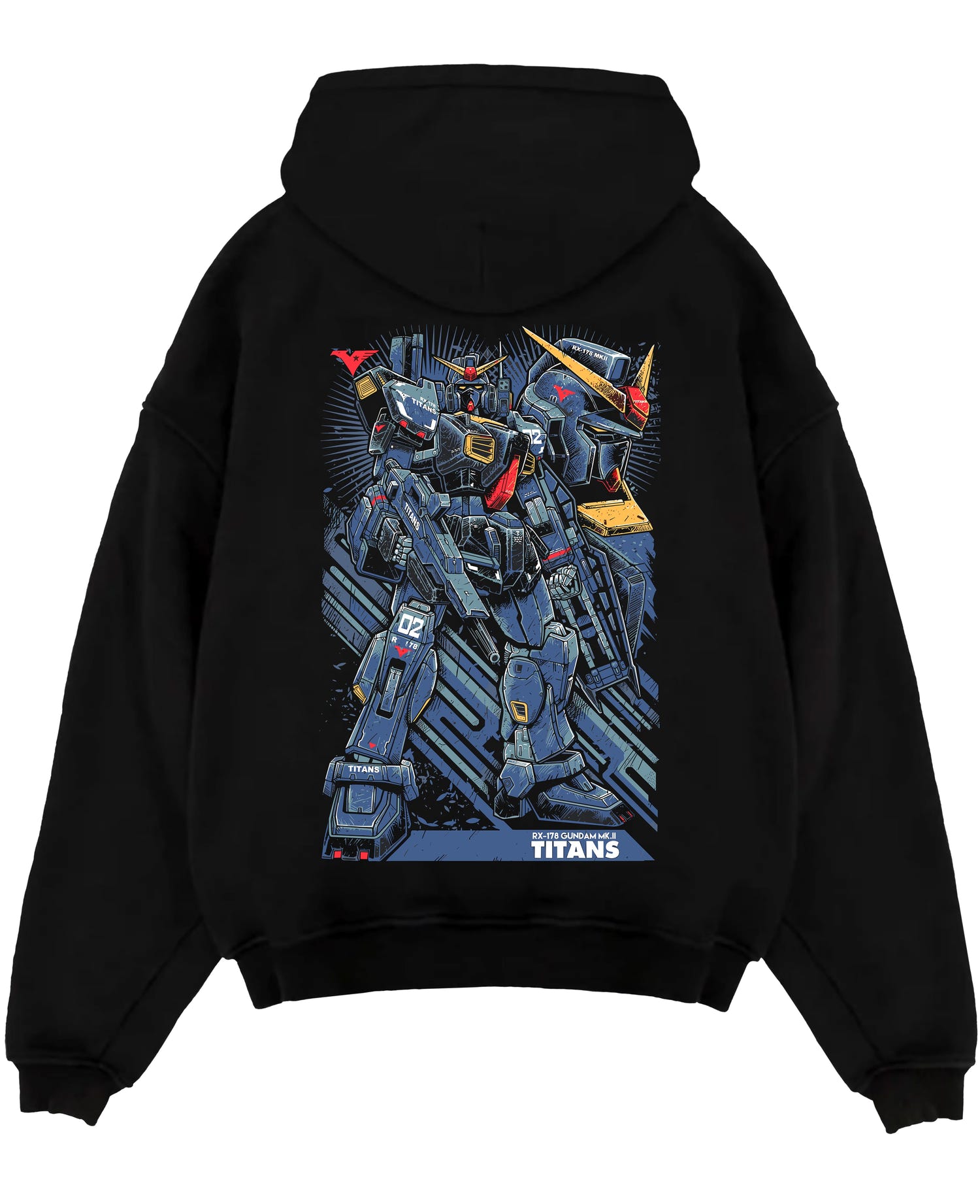 Black pullover hoodie laid flat on a white background, featuring Gundam Titans retro mecha anime poster inspired artwork with bold mechanical detail and Japanese text.