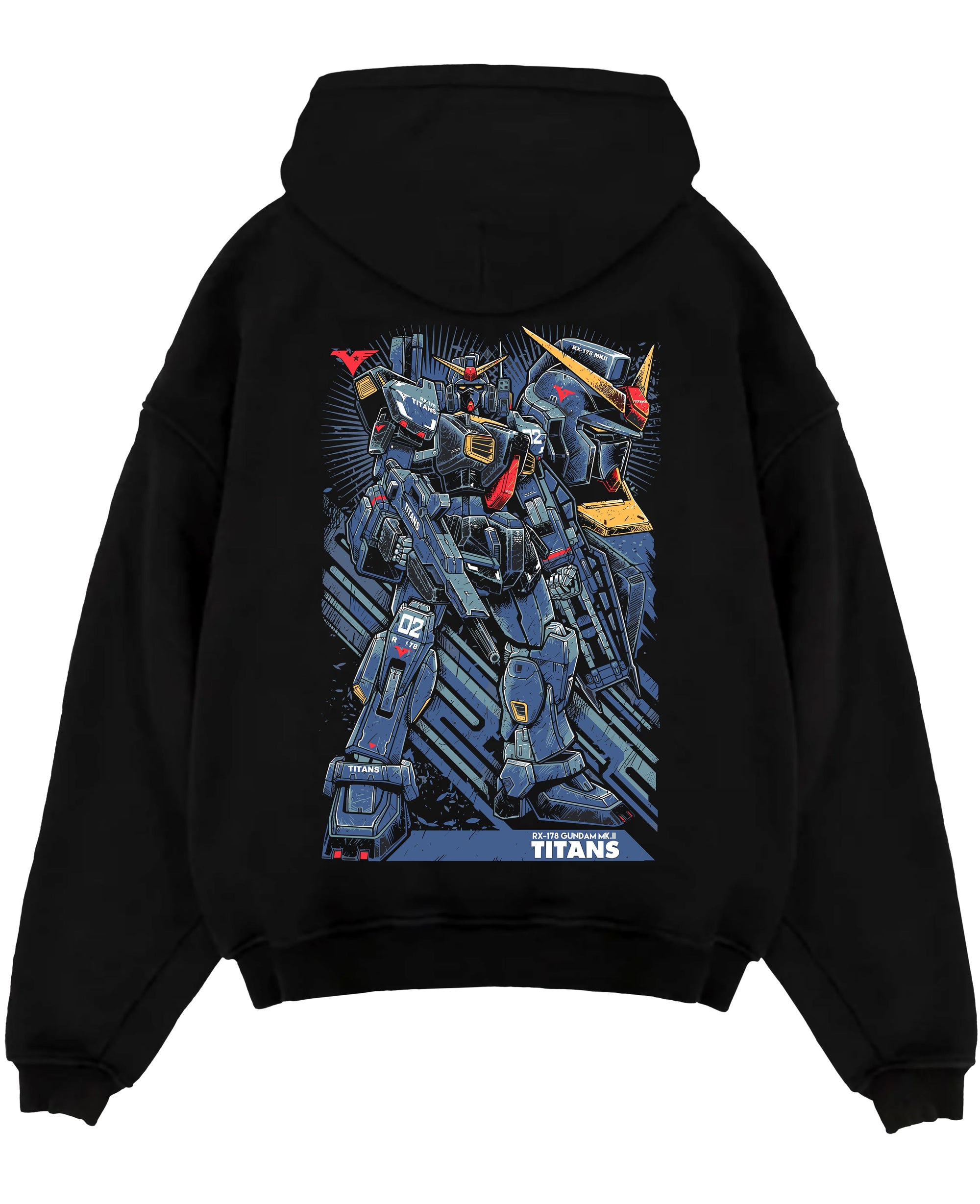 Black pullover hoodie laid flat on a white background, featuring Gundam Titans retro mecha anime poster inspired artwork with bold mechanical detail and Japanese text.