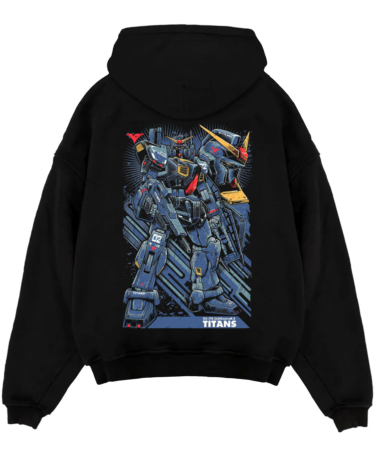 Black pullover hoodie laid flat on a white background, featuring Gundam Titans retro mecha anime poster inspired artwork with bold mechanical detail and Japanese text.