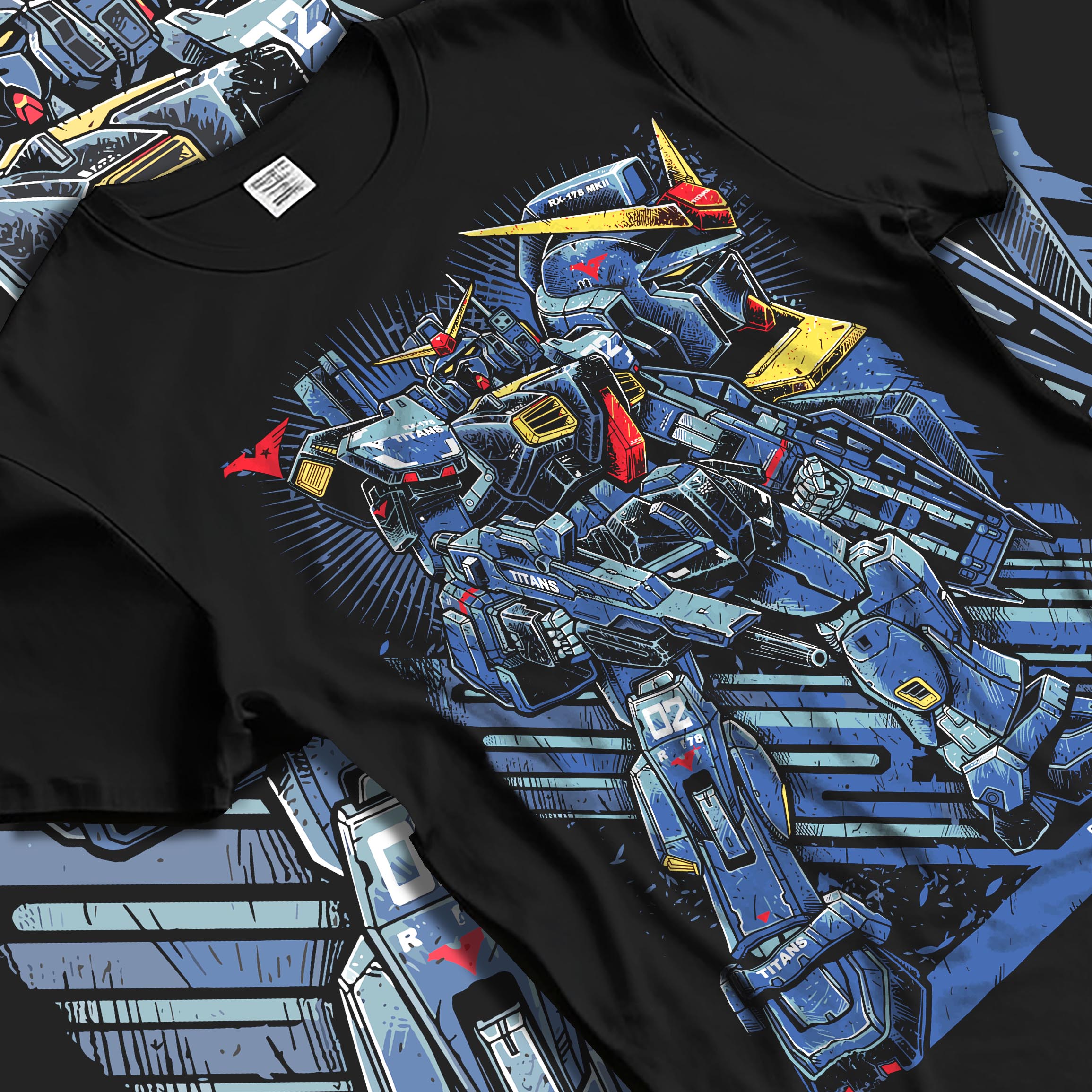 Black T-shirt laid flat with natural fabric folds, featuring Gundam Titans anime poster inspired retro mecha graphic with bold details and Japanese animation styling.