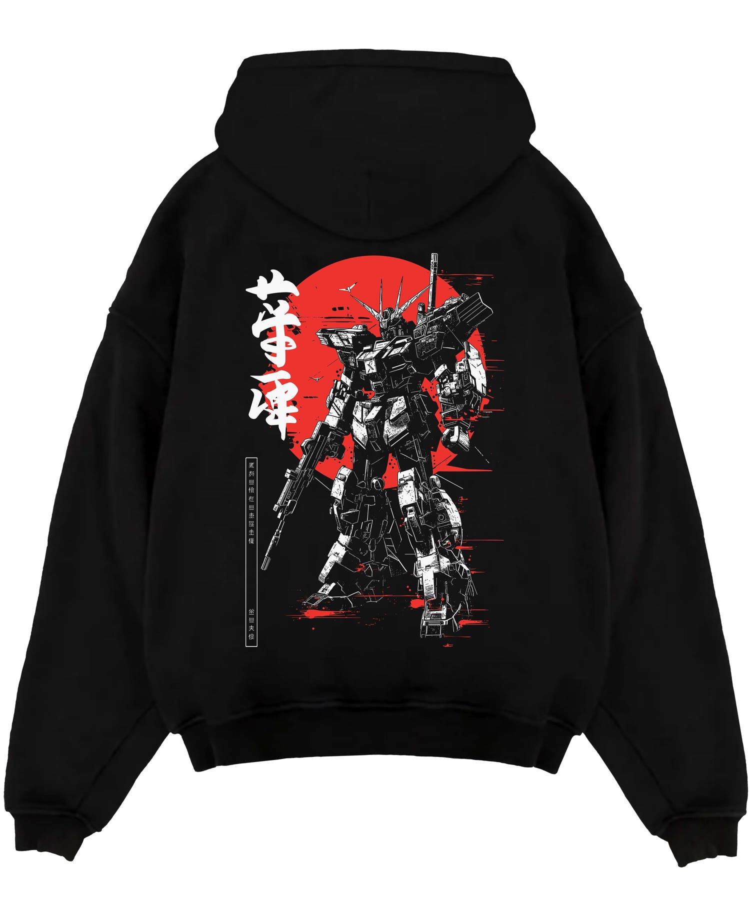 Black pullover hoodie laid flat on a white background, featuring Gundam retro mecha anime poster inspired artwork with red rising sun backdrop in bold graphic style.