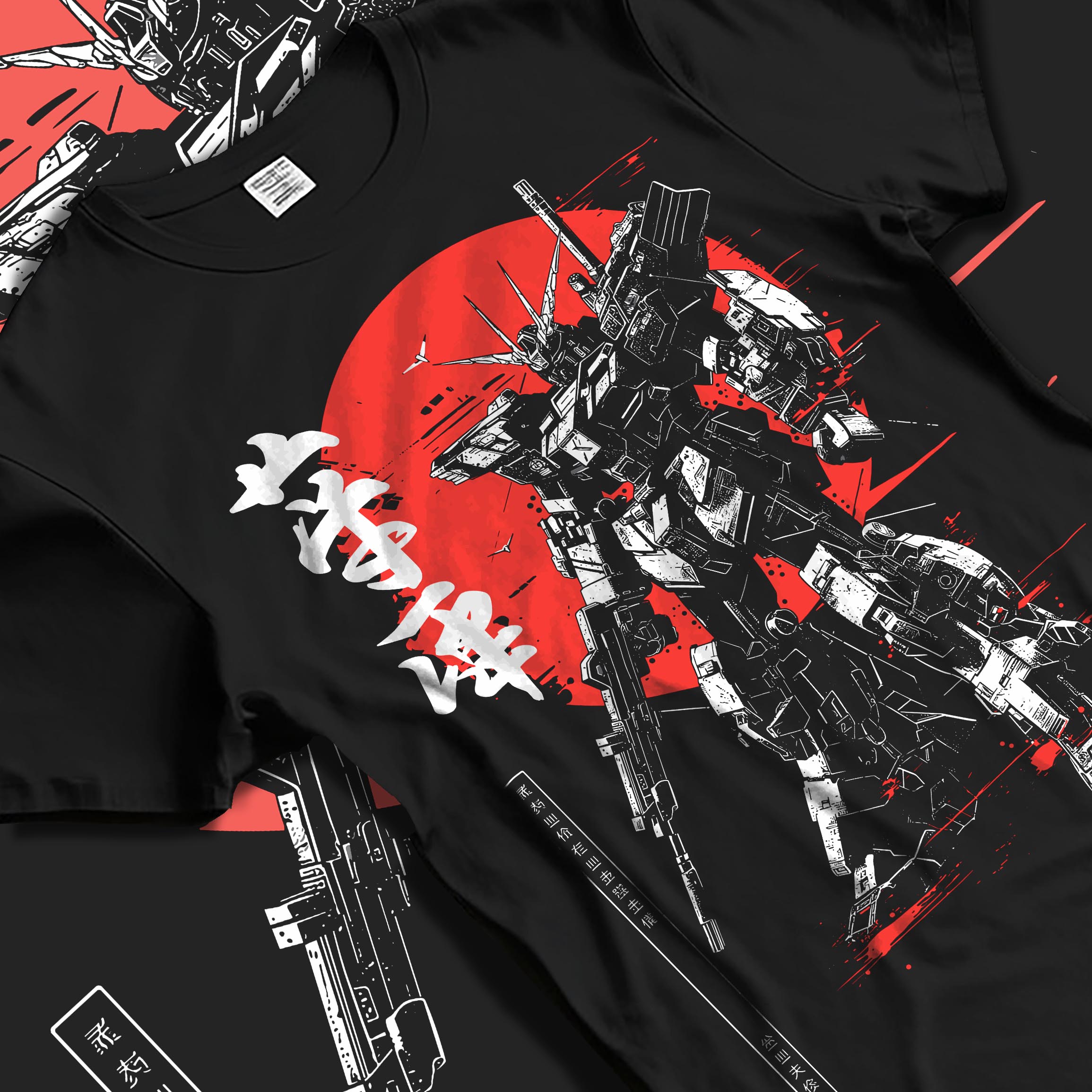 Black T-shirt laid flat with natural fabric folds, featuring Gundam retro mecha anime poster inspired artwork with dramatic red and white Japanese sun motif.