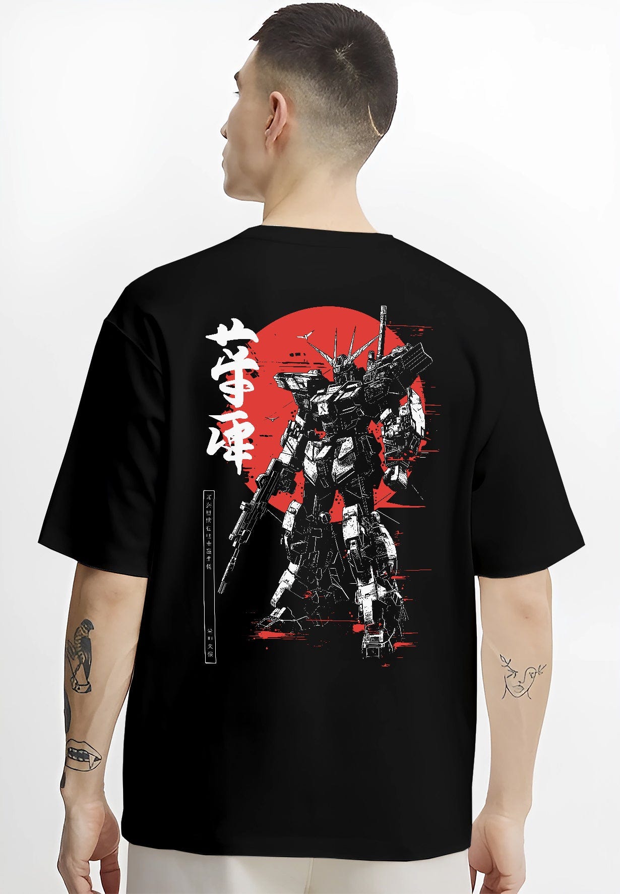 Black T-shirt worn by a male model, back view, featuring Gundam retro manga inspired mecha design with strong linework and bold rising sun background artwork.