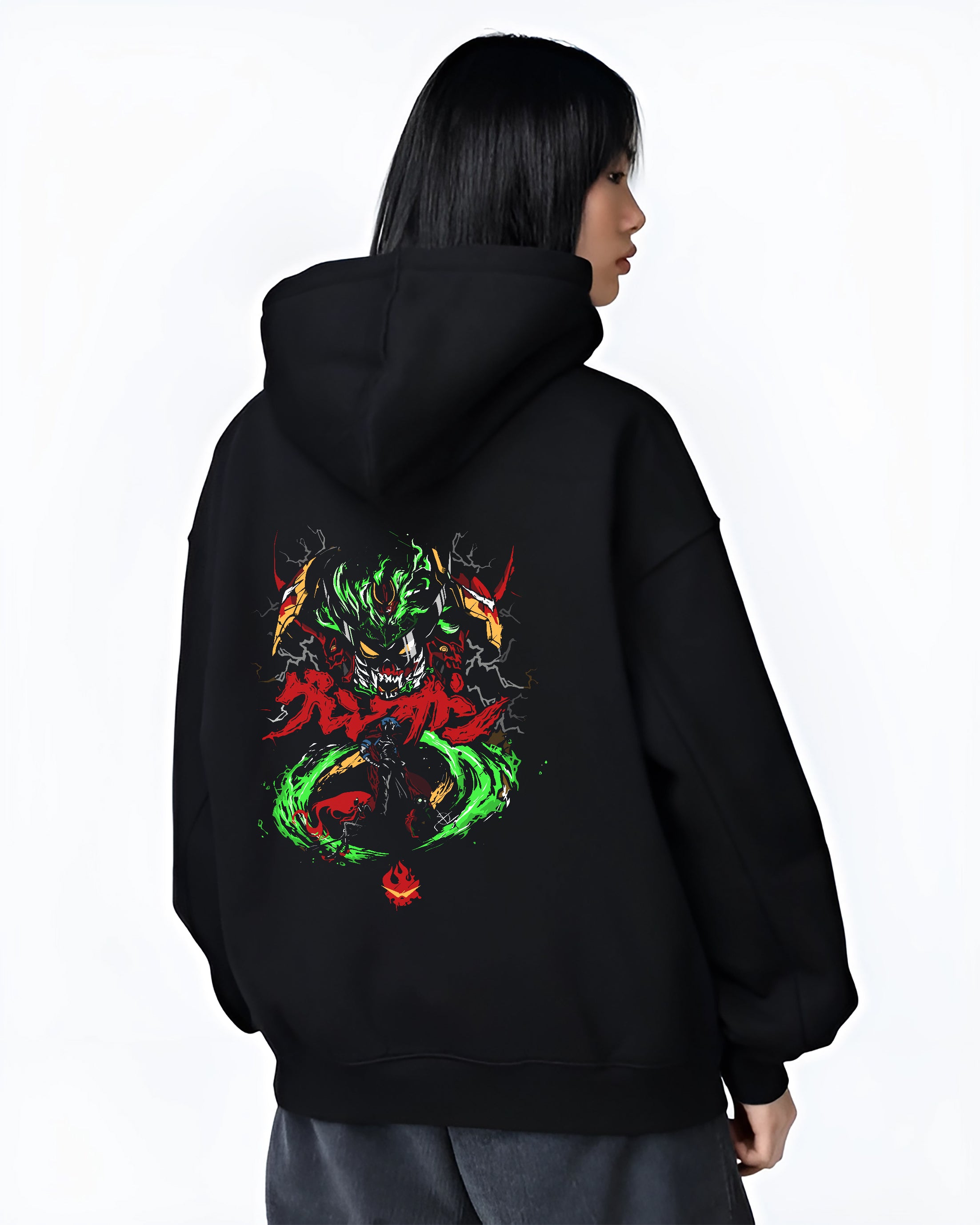 Black hoodie on female model, back view, featuring Gurren Lagann retro mecha graphic with green energy swirl, red kanji and lightning.