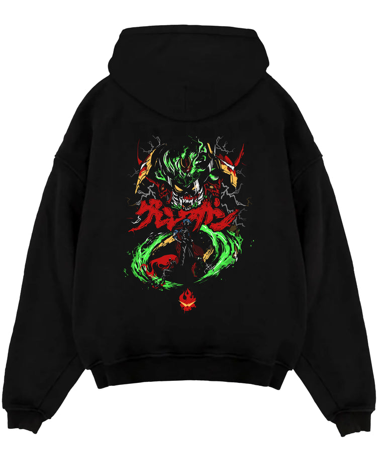 Black pullover hoodie laid flat, featuring Gurren Lagann retro mecha poster with green energy swirl, red kanji and lightning.