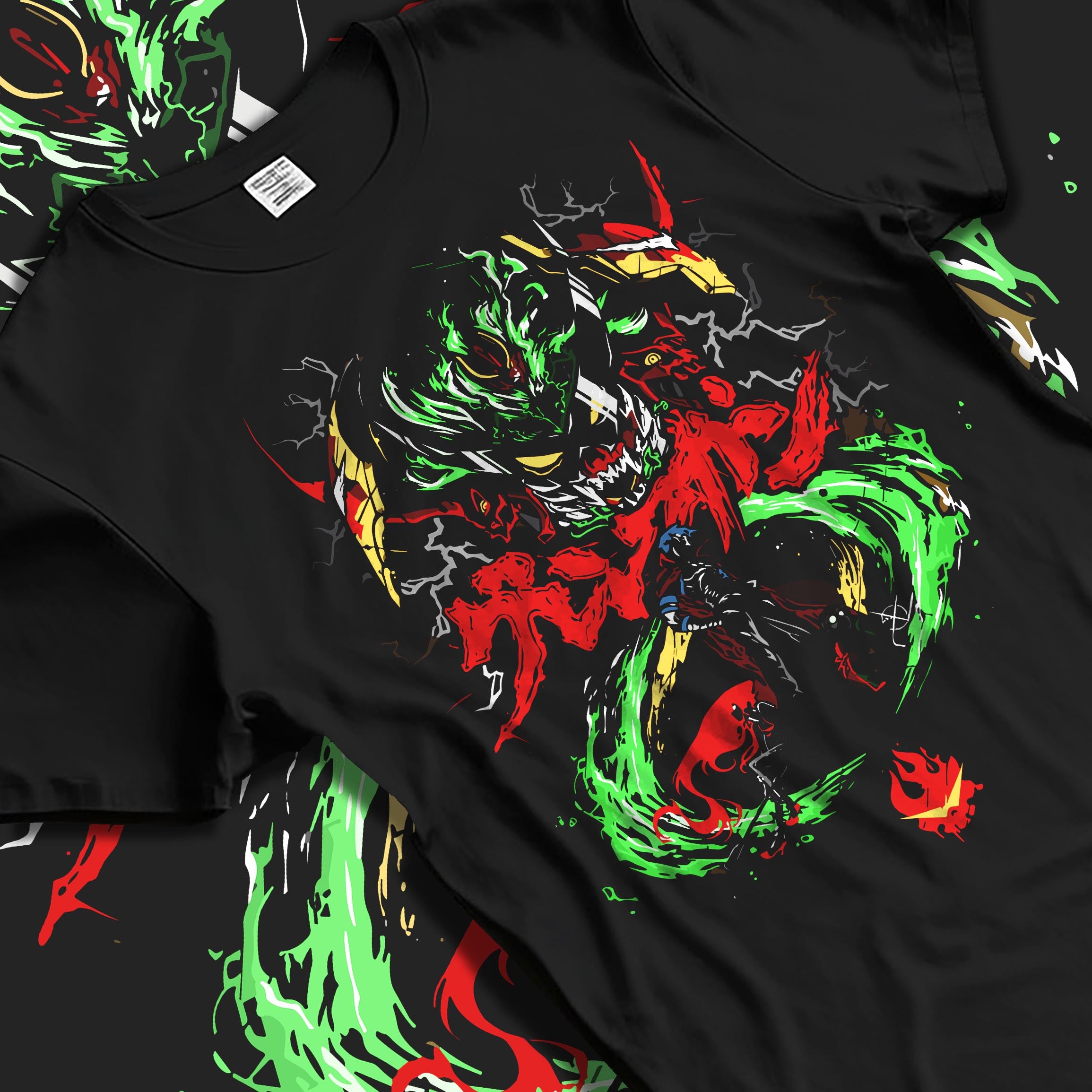 Black T-shirt laid flat with natural folds, featuring Gurren Lagann anime poster mecha, green energy ring, red kanji and lightning.