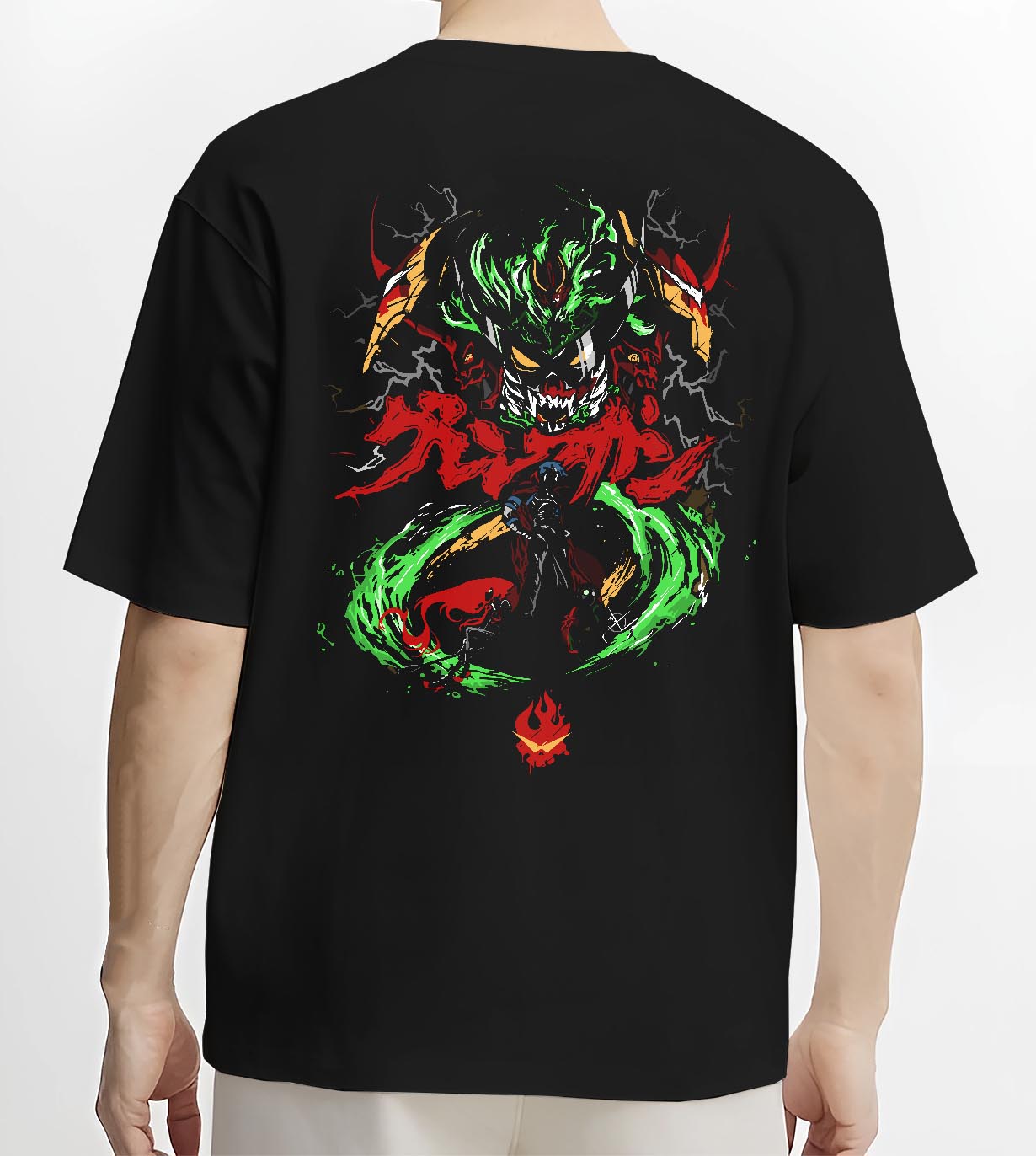 Black T-shirt on male model, back view, featuring Gurren Lagann retro mecha graphic with green energy swirl, red kanji and lightning.
