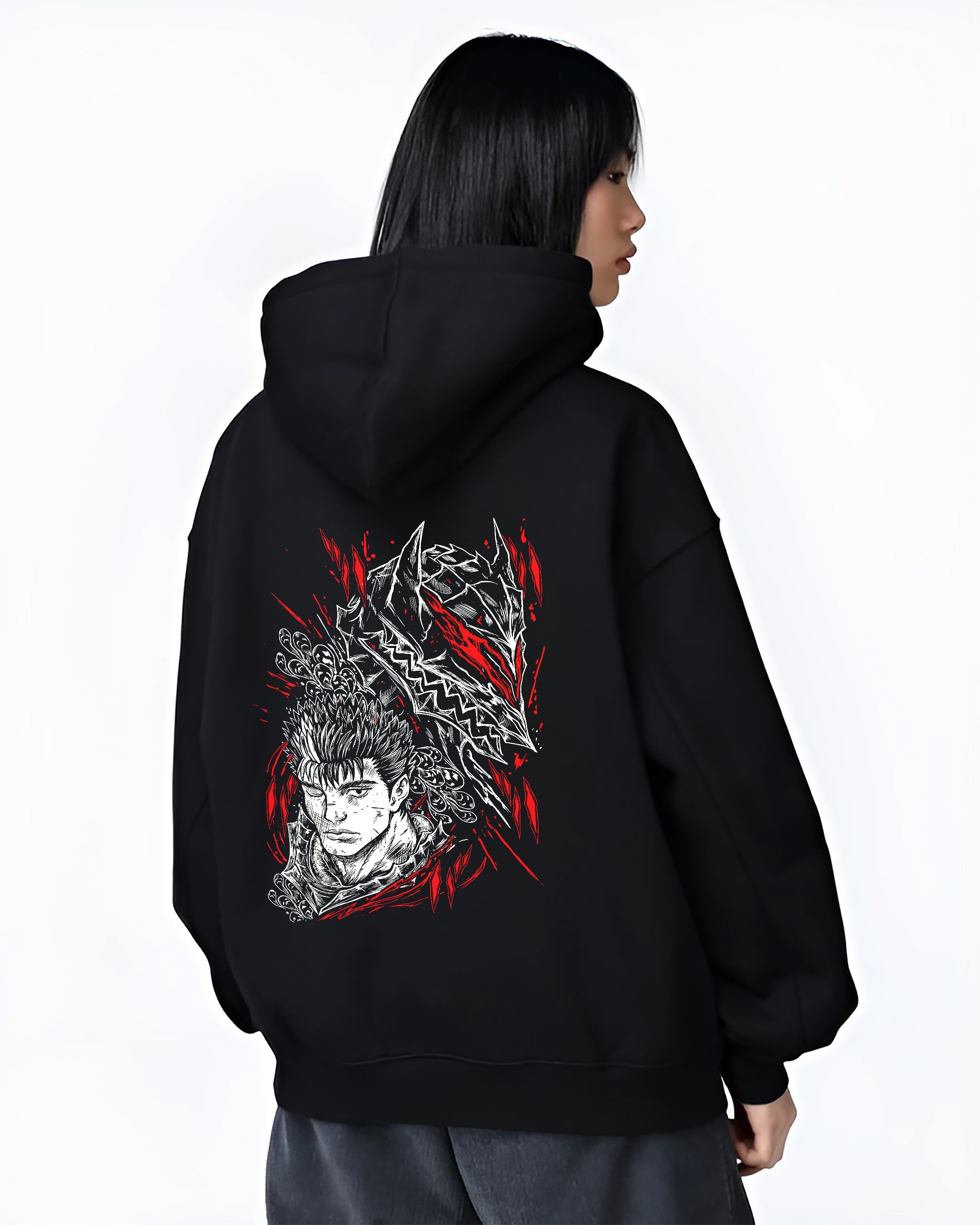 Black hoodie worn by a female model, back view, featuring Guts Berserk anime poster inspired design with bold Japanese animation streetwear aesthetic in red tones.