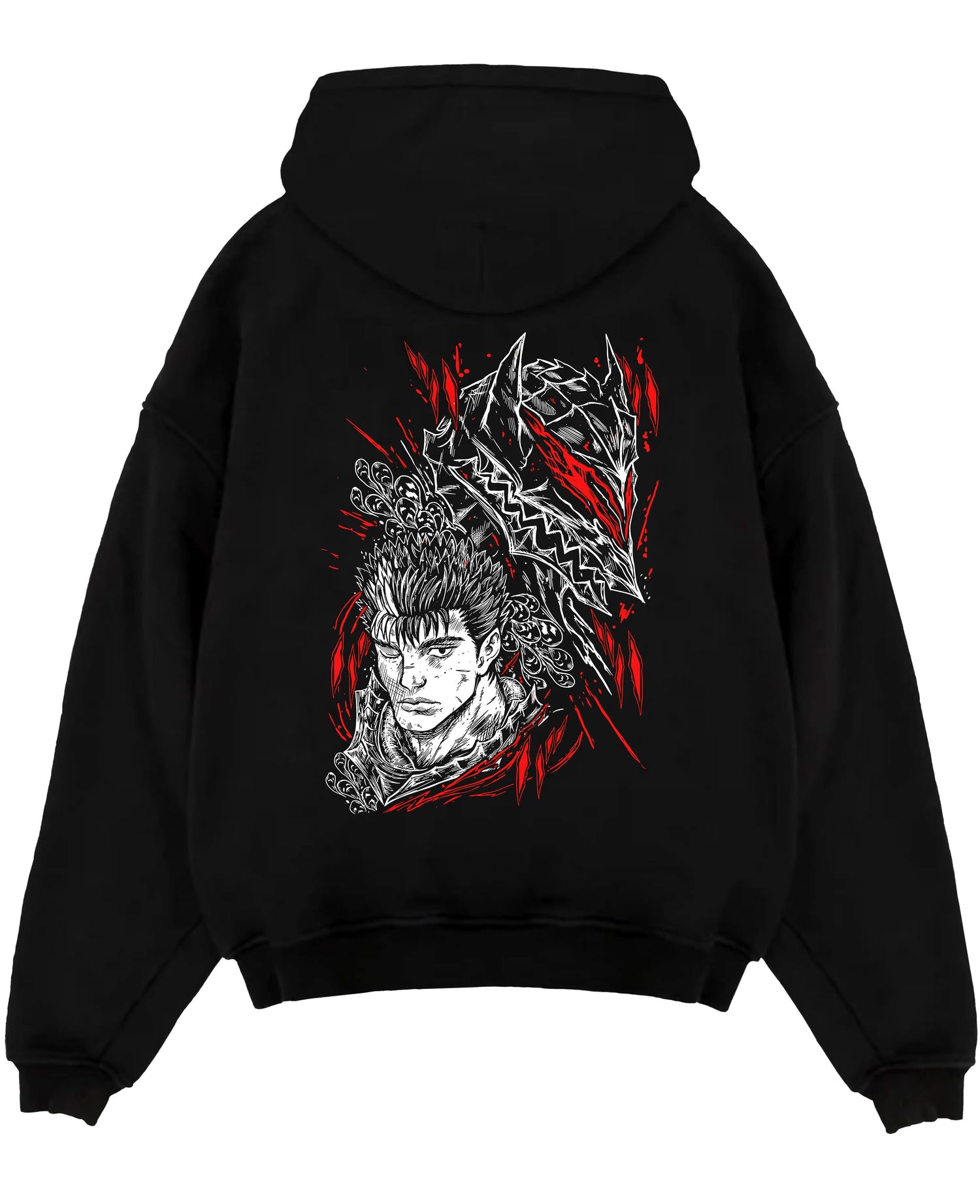 Black pullover hoodie laid flat on a white background, featuring Guts Berserk anime poster inspired design with dark manga panel artwork in bold red accents.