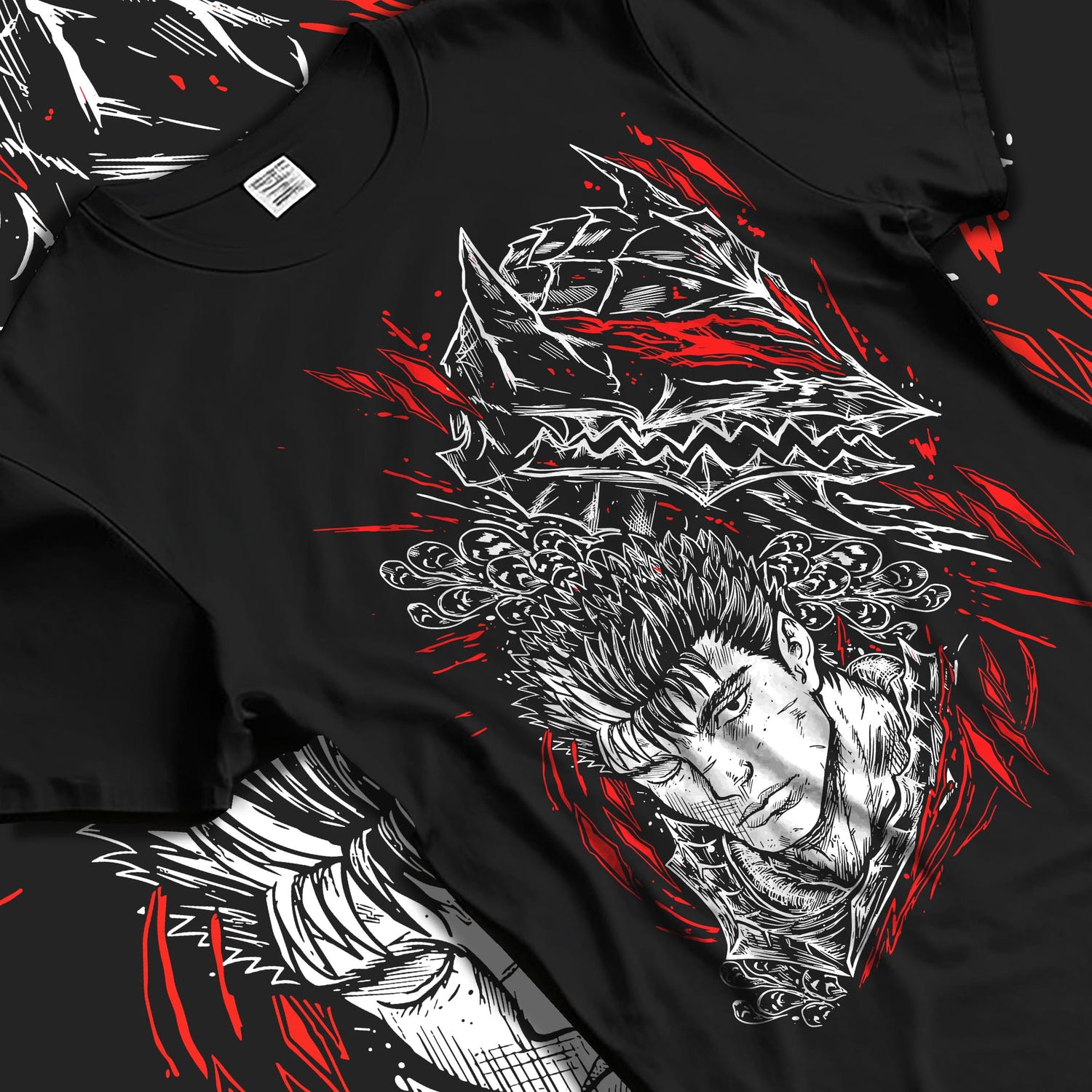 Black T-shirt laid flat with natural fabric folds, featuring Guts Berserk retro manga graphic artwork with anime poster inspired bold red highlights.