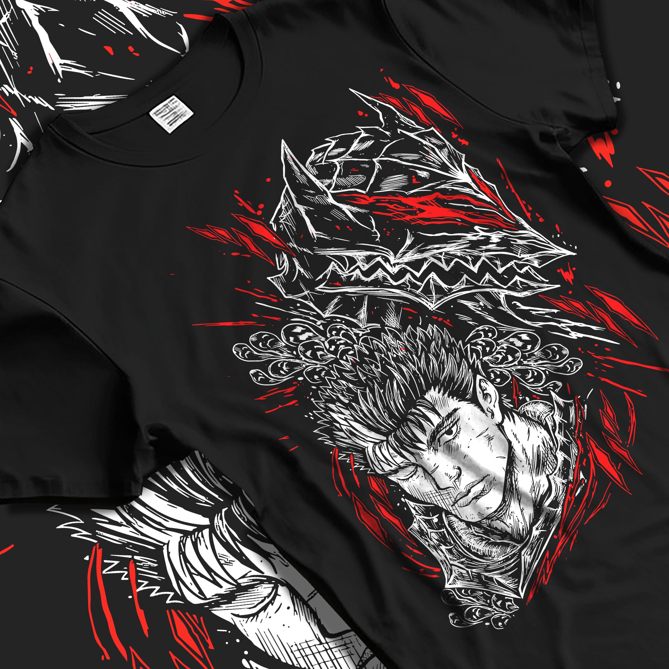Black T-shirt laid flat with natural fabric folds, featuring Guts Berserk retro manga graphic artwork with anime poster inspired bold red highlights.