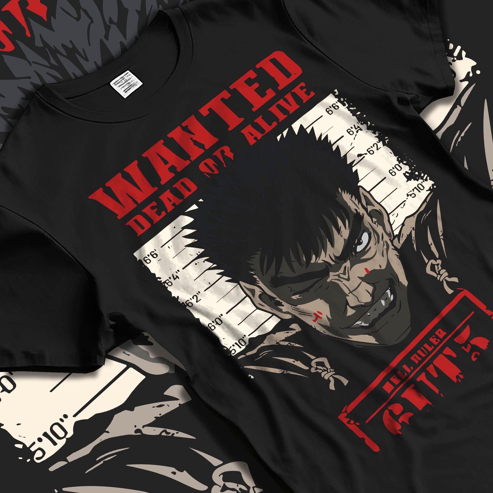 Black T-shirt laid flat with natural fabric folds, featuring Berserk anime poster inspired wanted design of Guts with bold red retro manga lettering and gritty artwork