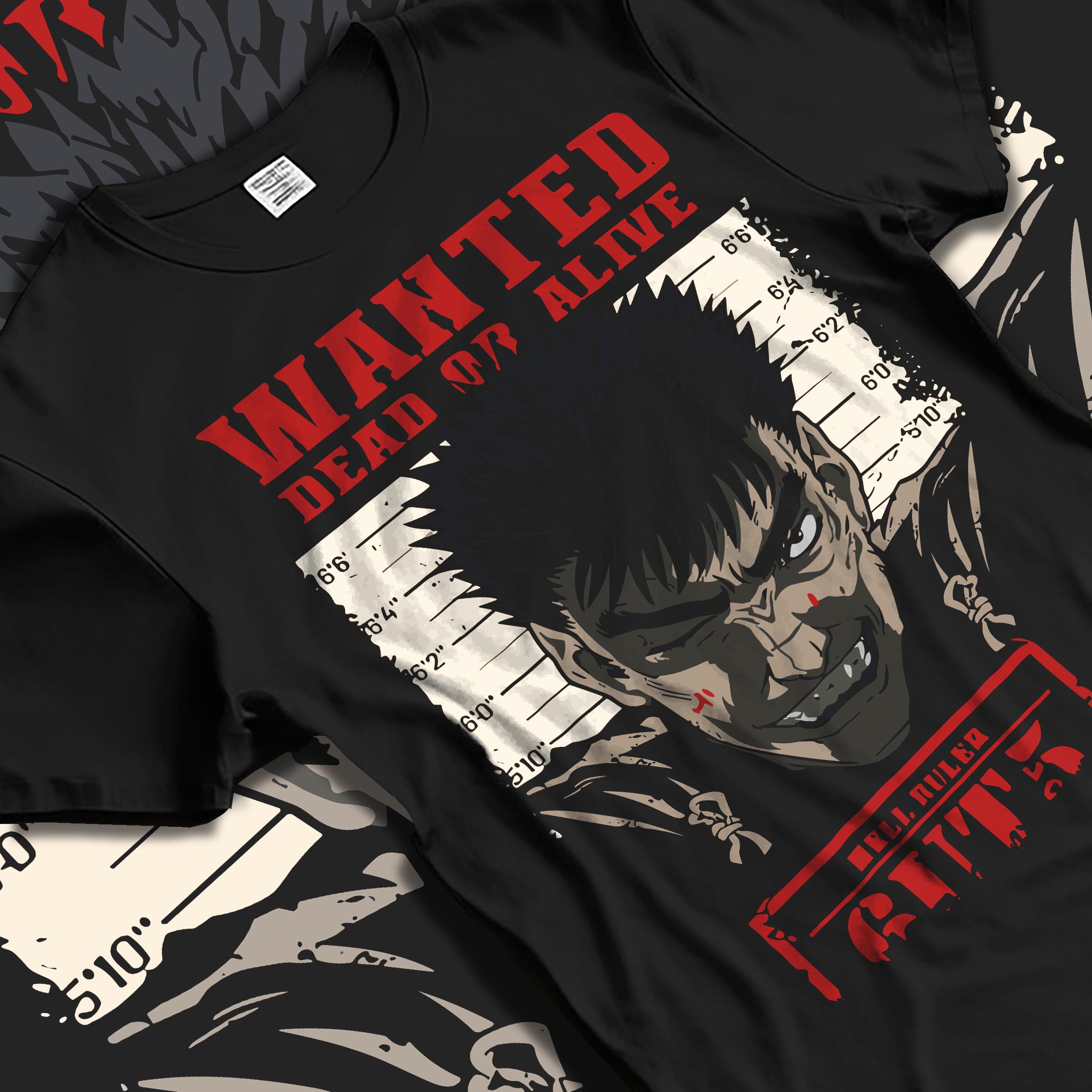 Black T-shirt laid flat with natural fabric folds, featuring Berserk anime poster inspired wanted design of Guts with bold red retro manga lettering and gritty artwork