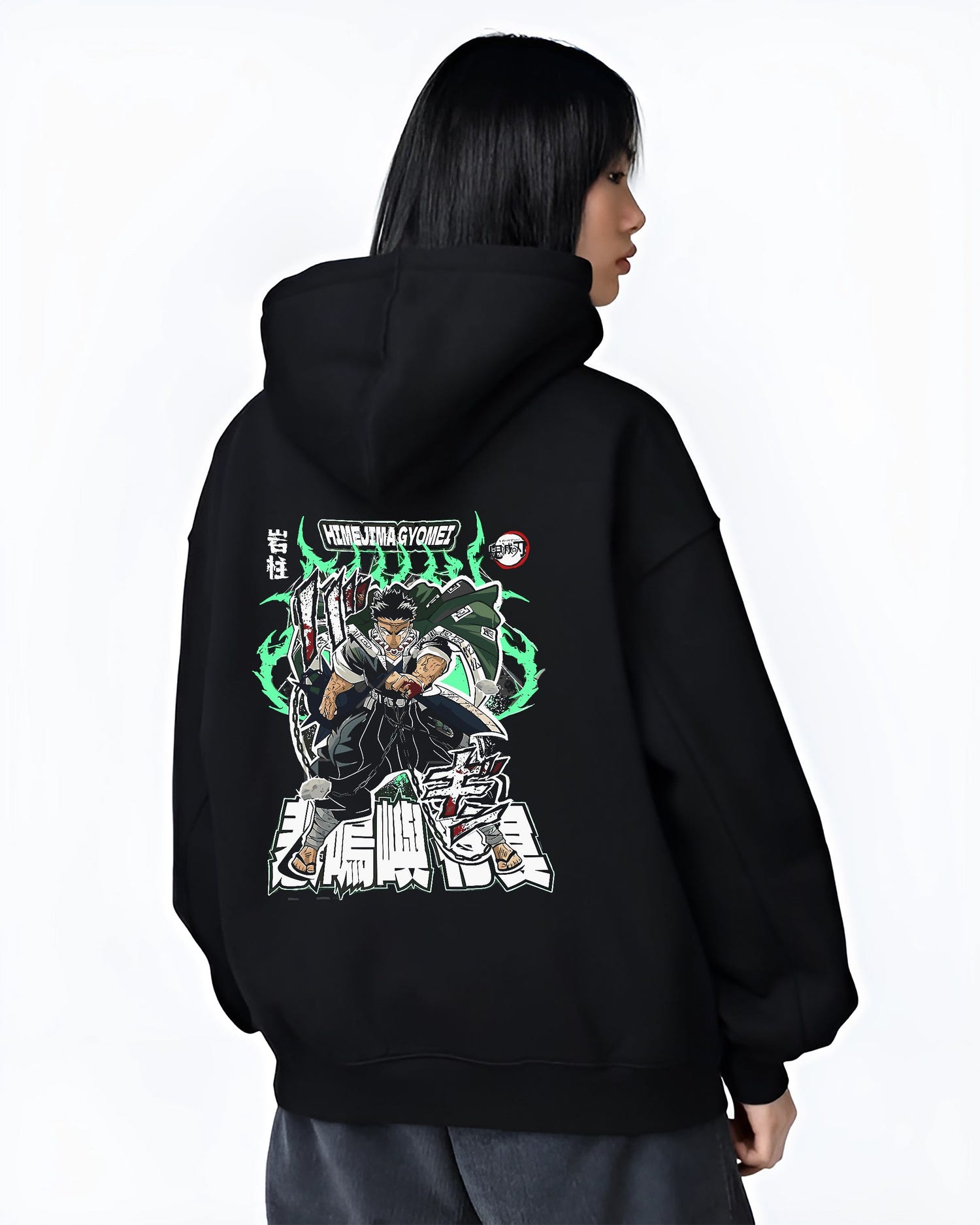 Black hoodie worn by a female model, back view, featuring Himejima Demon Slayer retro manga inspired artwork with glowing aura and bold urban fashion back design.