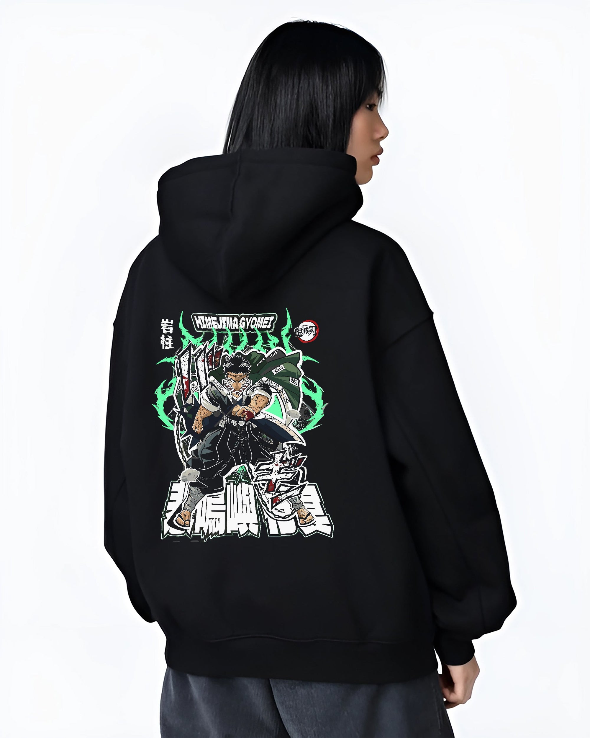 Black hoodie worn by a female model, back view, featuring Himejima Demon Slayer retro manga inspired artwork with glowing aura and bold urban fashion back design.