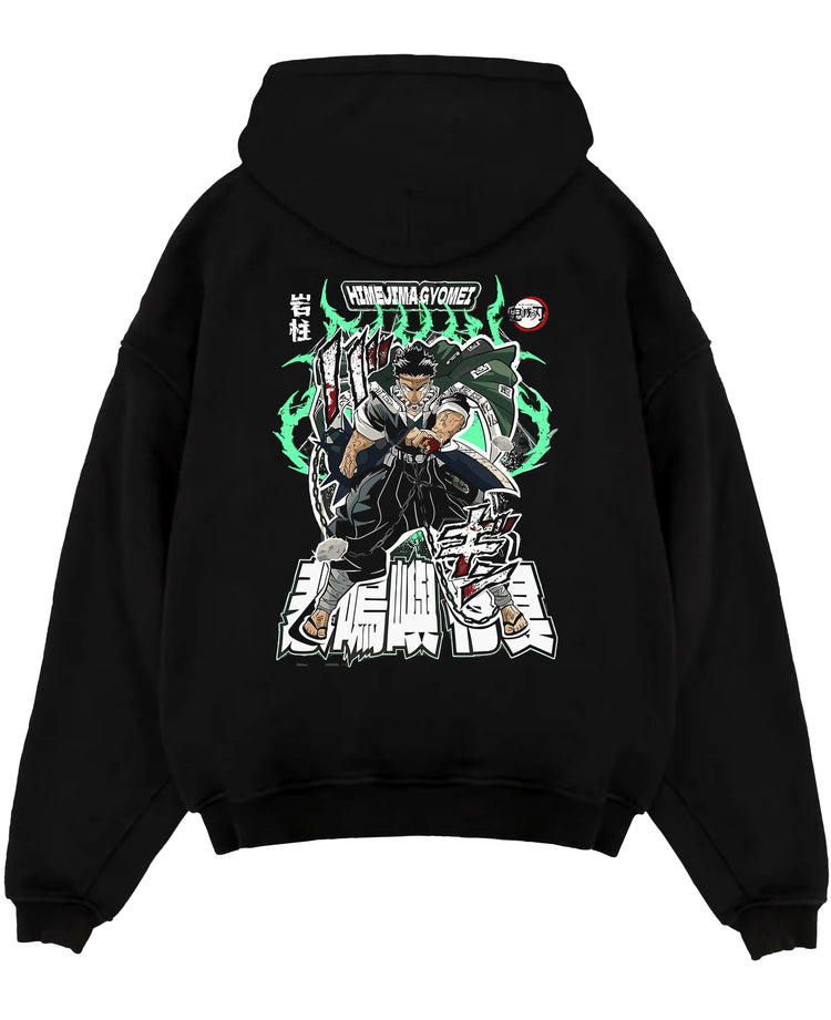 Black pullover hoodie laid flat on a white background, featuring Himejima Demon Slayer anime poster inspired artwork with glowing green aura and retro manga graphic.