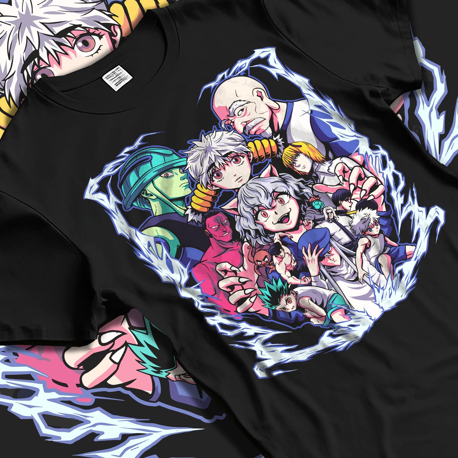 Black crewneck sweatshirt on hanger against grey wall, Hunter x Hunter character collage back graphic with blue electric aura.