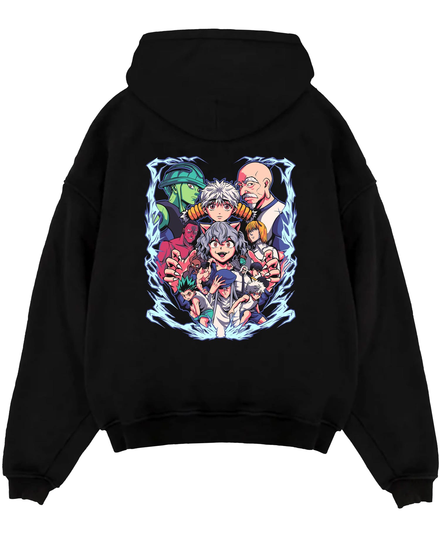 Black pullover hoodie laid flat on white, featuring Hunter x Hunter character collage retro manga graphic with electric aura frame.