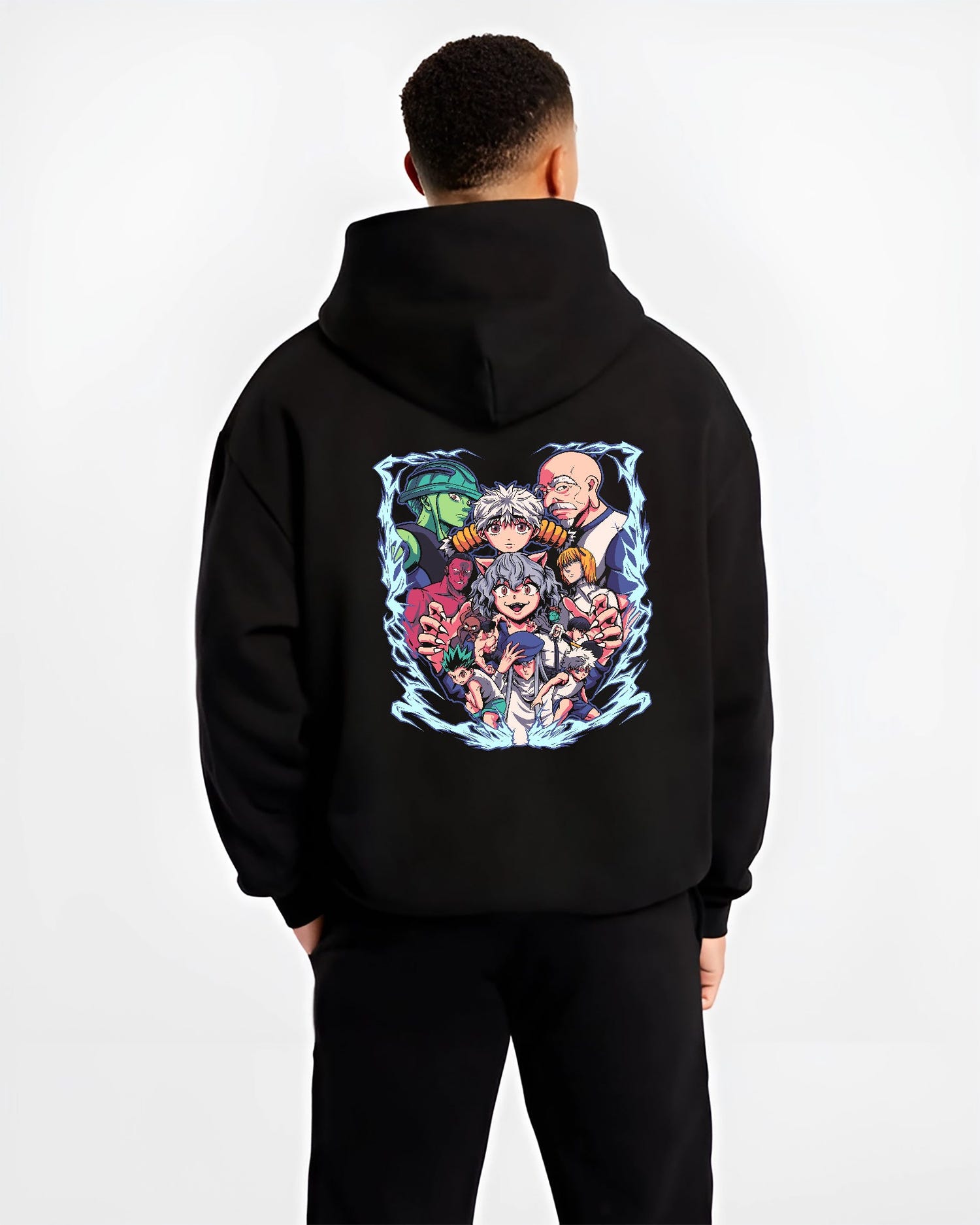 Black hoodie on male model, back view, Hunter x Hunter ensemble artwork—Gon, Killua, and villains in retro manga poster style.