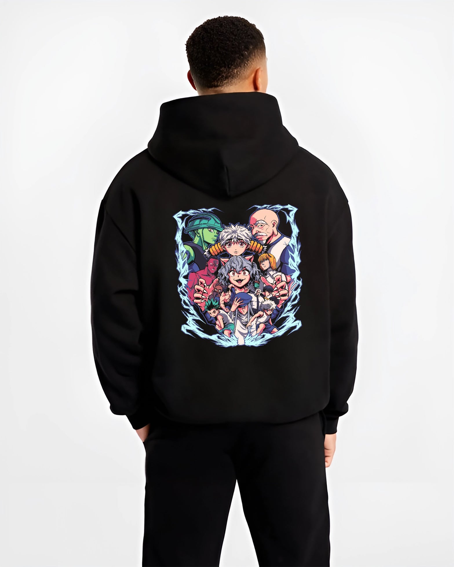Black hoodie on male model, back view, Hunter x Hunter ensemble artwork—Gon, Killua, and villains in retro manga poster style.
