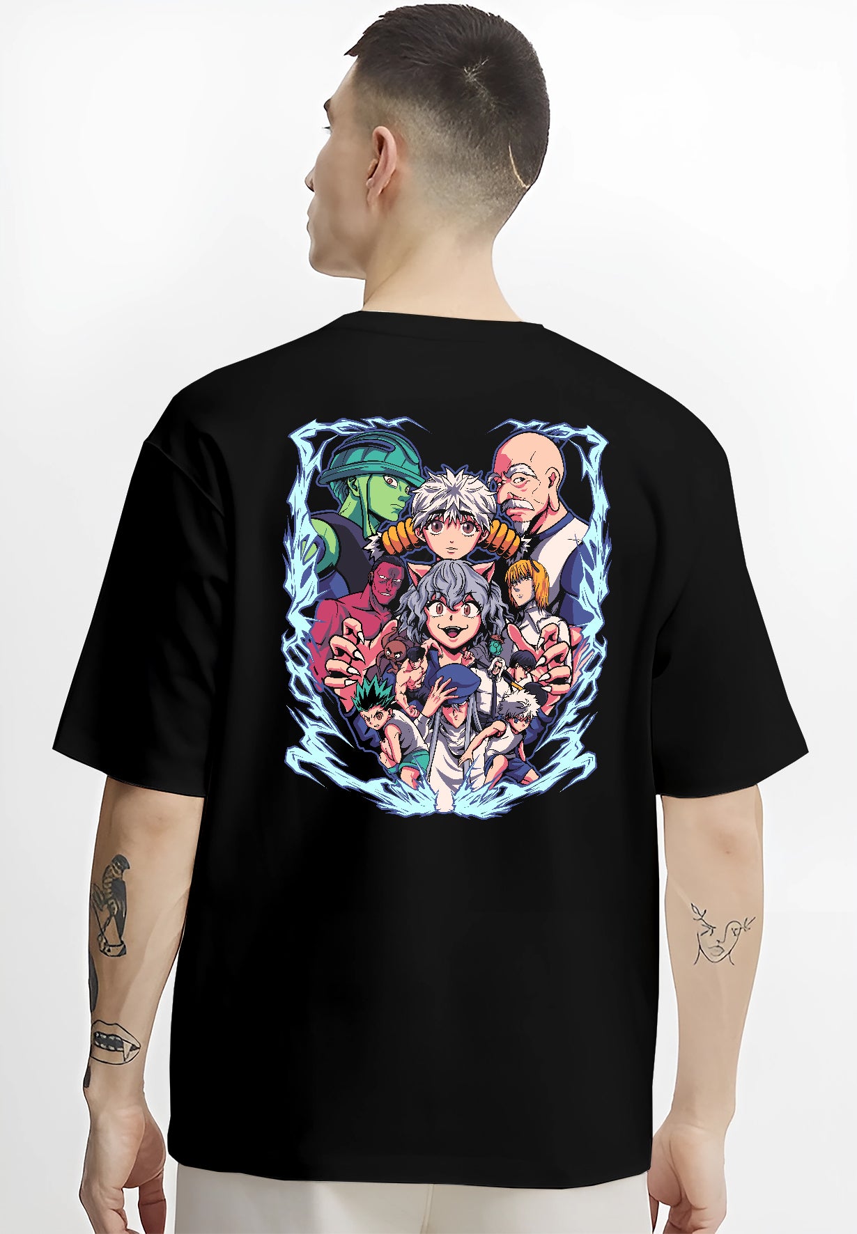 Black T-shirt laid flat with soft folds, featuring Hunter x Hunter retro manga character collage surrounded by blue energy.
