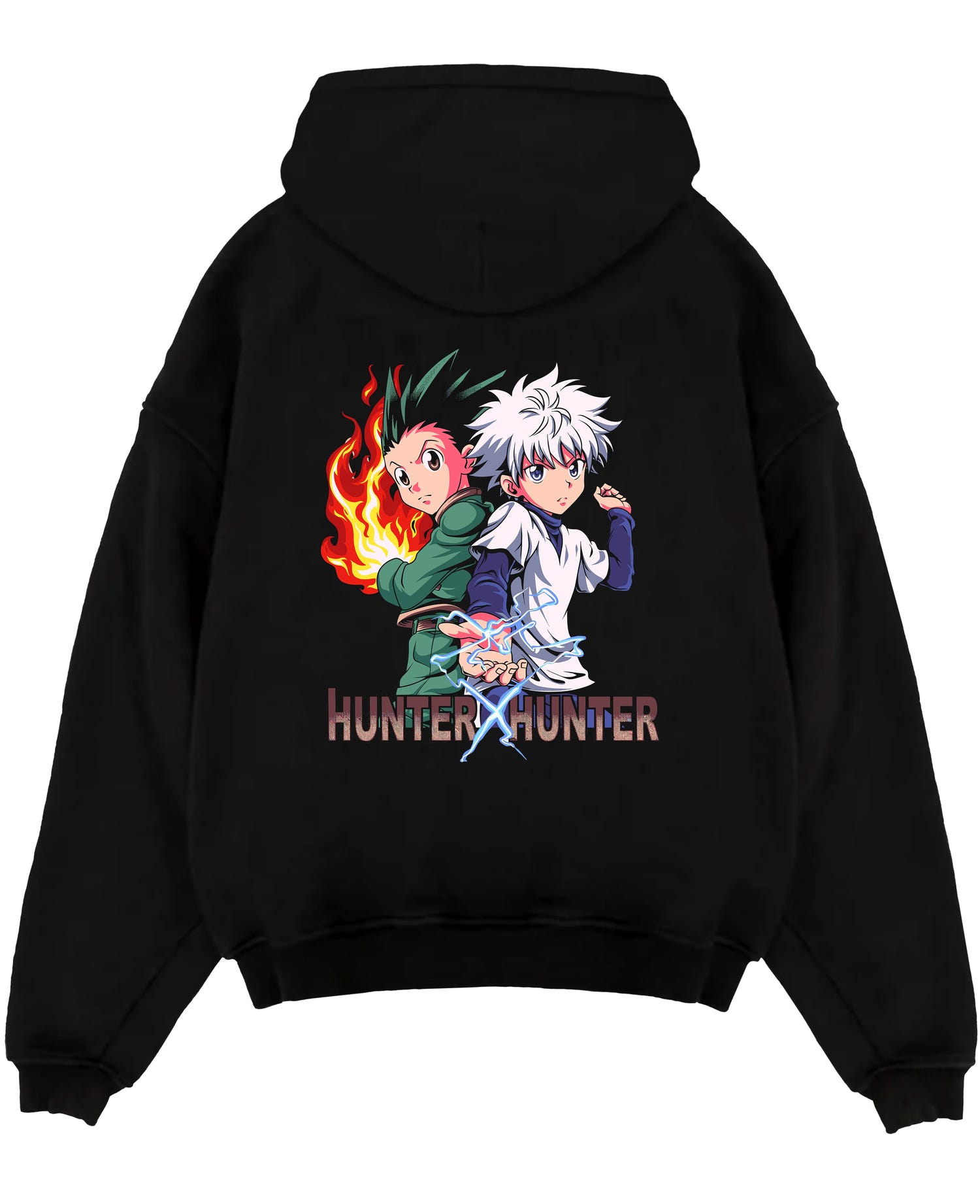 Black pullover hoodie laid flat on white, featuring Hunter x Hunter Gon and Killua retro manga graphic with pixel-style energy effects.