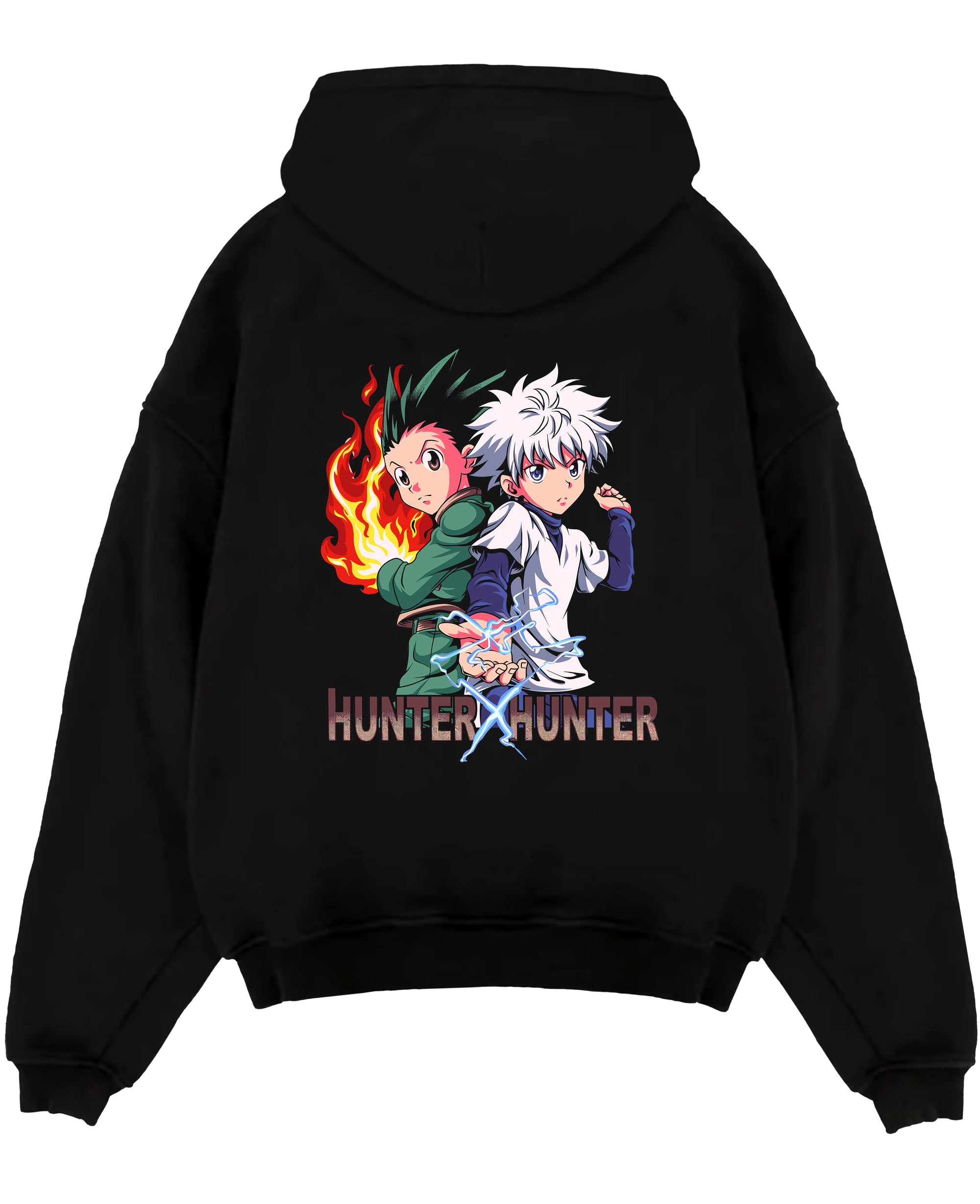 Black pullover hoodie laid flat on white, featuring Hunter x Hunter Gon and Killua retro manga graphic with pixel-style energy effects.