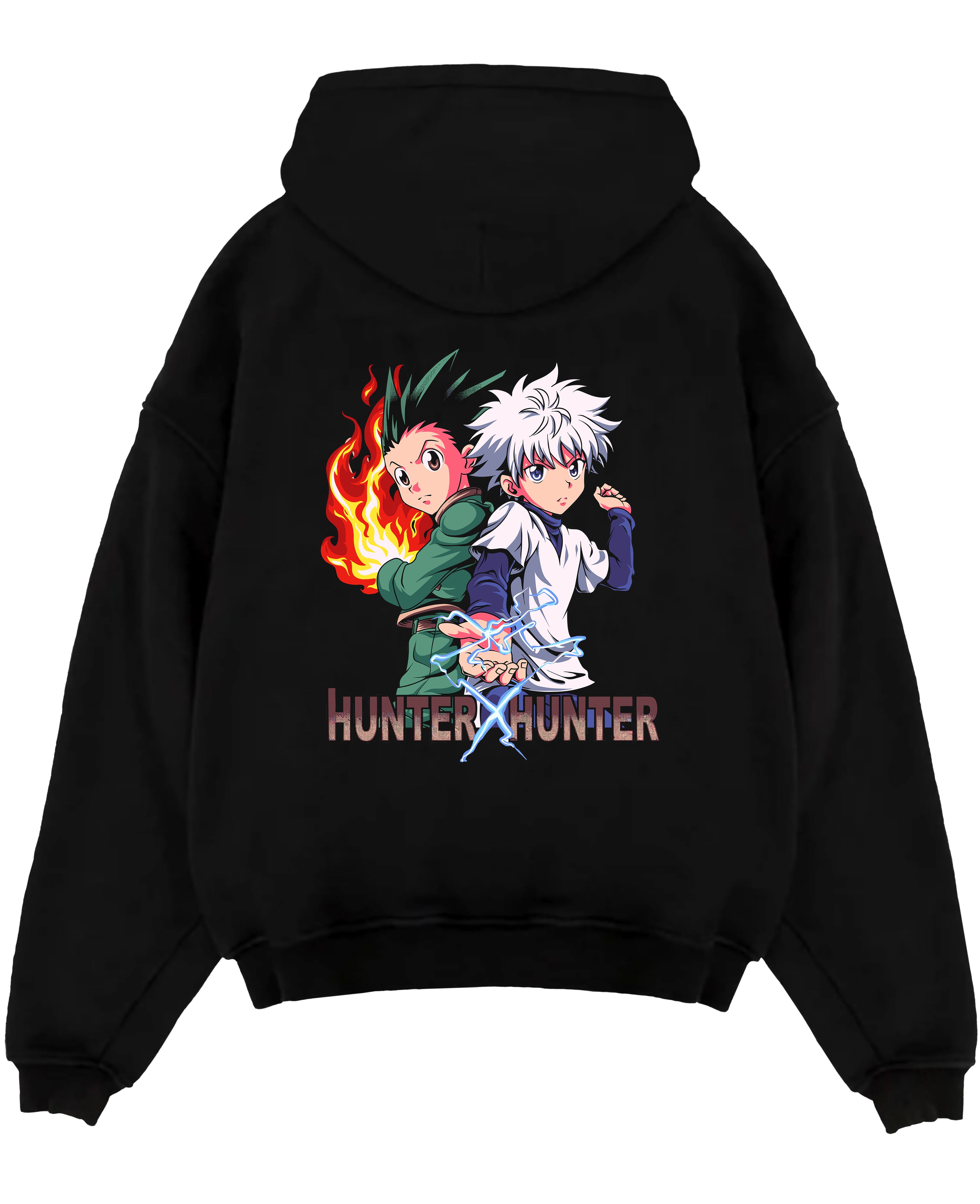Black pullover hoodie laid flat on white, featuring Hunter x Hunter Gon and Killua retro manga graphic with pixel-style energy effects.